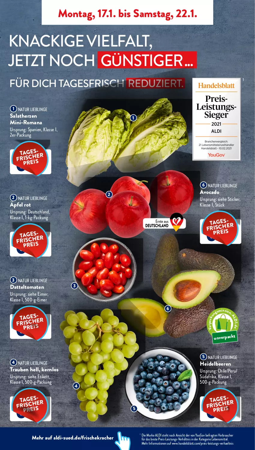 Aktueller Prospekt AldiSud - ALDI Aktuell - von 17.01 bis 22.01.2022 - strona 2 - produkty: aldi, avocado, beere, beeren, datteltomaten, eimer, eis, heidelbeere, heidelbeeren, kracher, lebensmittel, natur, Rauch, reis, salat, salatherzen, Ti, tomate, tomaten, trauben, Yo