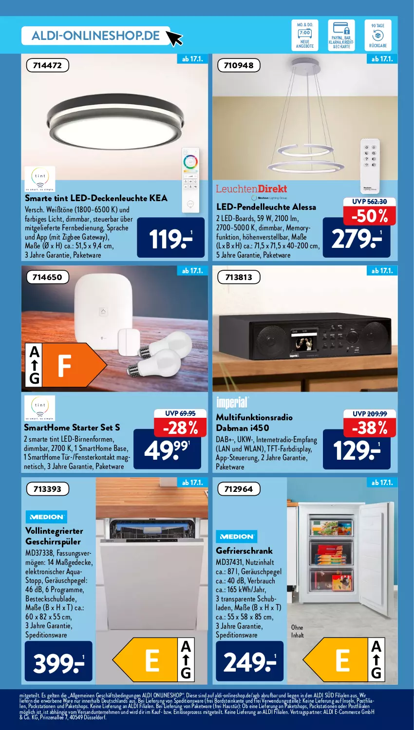 Aktueller Prospekt AldiSud - ALDI Aktuell - von 17.01 bis 22.01.2022 - strona 23 - produkty: aldi, angebot, angebote, aqua, aquastop, aust, besteck, Birnen, decke, deckenleuchte, dell, Elektro, elle, ente, fenster, fernbedienung, gefrierschrank, geschirr, geschirrspüler, HP, led-deckenleuchte, Leuchte, LG, Liege, Pendelleuchte, Radio, Rauch, rwe, Schrank, schubladen, Ti, tisch