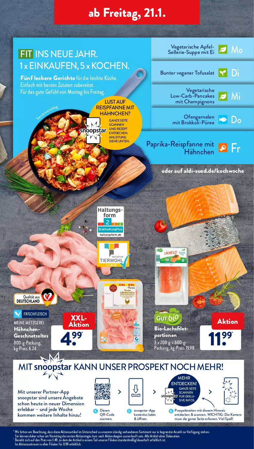 Aktueller Prospekt AldiSud - ALDI Aktuell - von 17.01 bis 22.01.2022 - strona 41 - produkty: aldi, alle artikel ohne dekoration, angebot, angebote, apfel, auer, bio, brokkoli, champignon, champignons, decke, dekoration, eis, elle, filet, fleisch, garnelen, geschnetzeltes, gin, Hähnchengeschnetzeltes, Heu, kamera, küche, lachs, lachsfilet, Ofen, paprika, pfanne, püree, reis, rezept, salat, suppe, Ti, Tofu, Vegeta, Zelt, ZTE