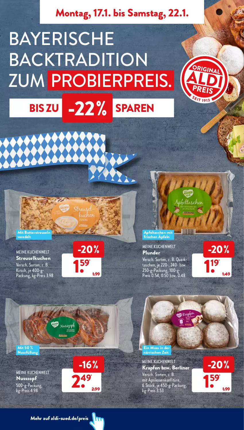 Aktueller Prospekt AldiSud - ALDI Aktuell - von 17.01 bis 22.01.2022 - strona 6 - produkty: aldi, apfel, Apfeltasche, aprikose, aprikosen, berliner, bier, butter, eis, kirsch, konfitüre, kuchen, nuss, Plunder, quark, reis, Streuselkuchen, Tasche, taschen, Ti