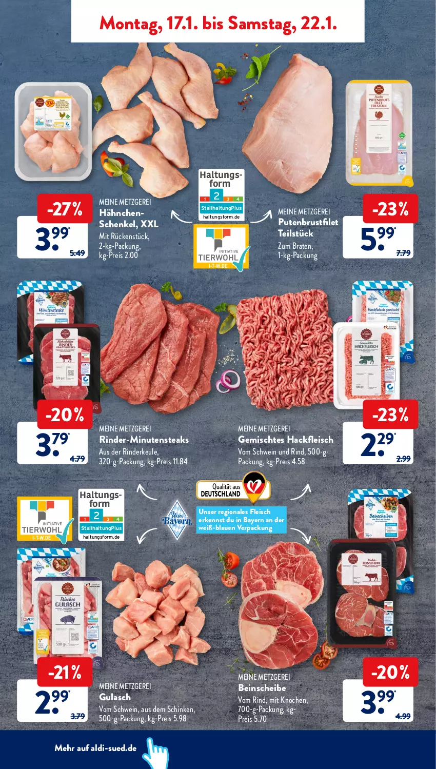 Aktueller Prospekt AldiSud - ALDI Aktuell - von 17.01 bis 22.01.2022 - strona 8 - produkty: aldi, braten, brustfilet, eis, filet, fleisch, gulasch, hackfleisch, hähnchenschenkel, henkel, minutensteaks, pute, putenbrust, putenbrustfilet, reis, rind, rinder, Rinderkeule, schenkel, schinken, schwein, schwein und rind, steak, steaks, vom schwein und rind, wein