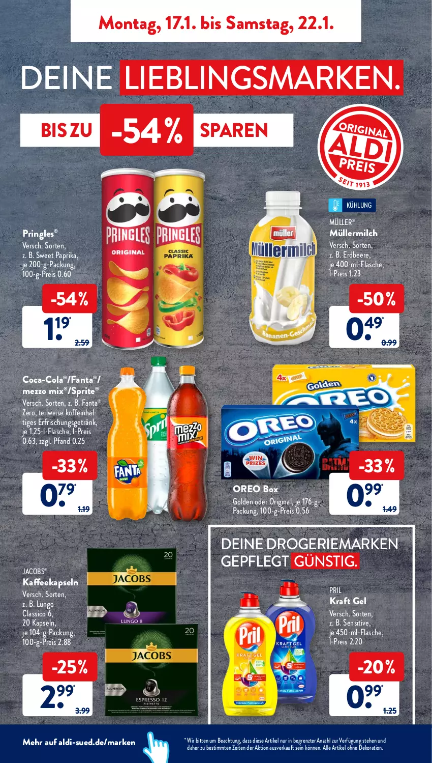 Aktueller Prospekt AldiSud - ALDI Aktuell - von 17.01 bis 22.01.2022 - strona 9 - produkty: aldi, alle artikel ohne dekoration, beere, classico, coca-cola, cola, dekoration, eis, erdbeere, erfrischungsgetränk, fanta, flasche, getränk, gin, jacobs, kaffee, kaffeekapseln, kraft, lungo, Mezzo Mix, milch, Müller, müllermilch, oreo, paprika, pril, pringles, reis, ring, sprite, Ti, ZTE