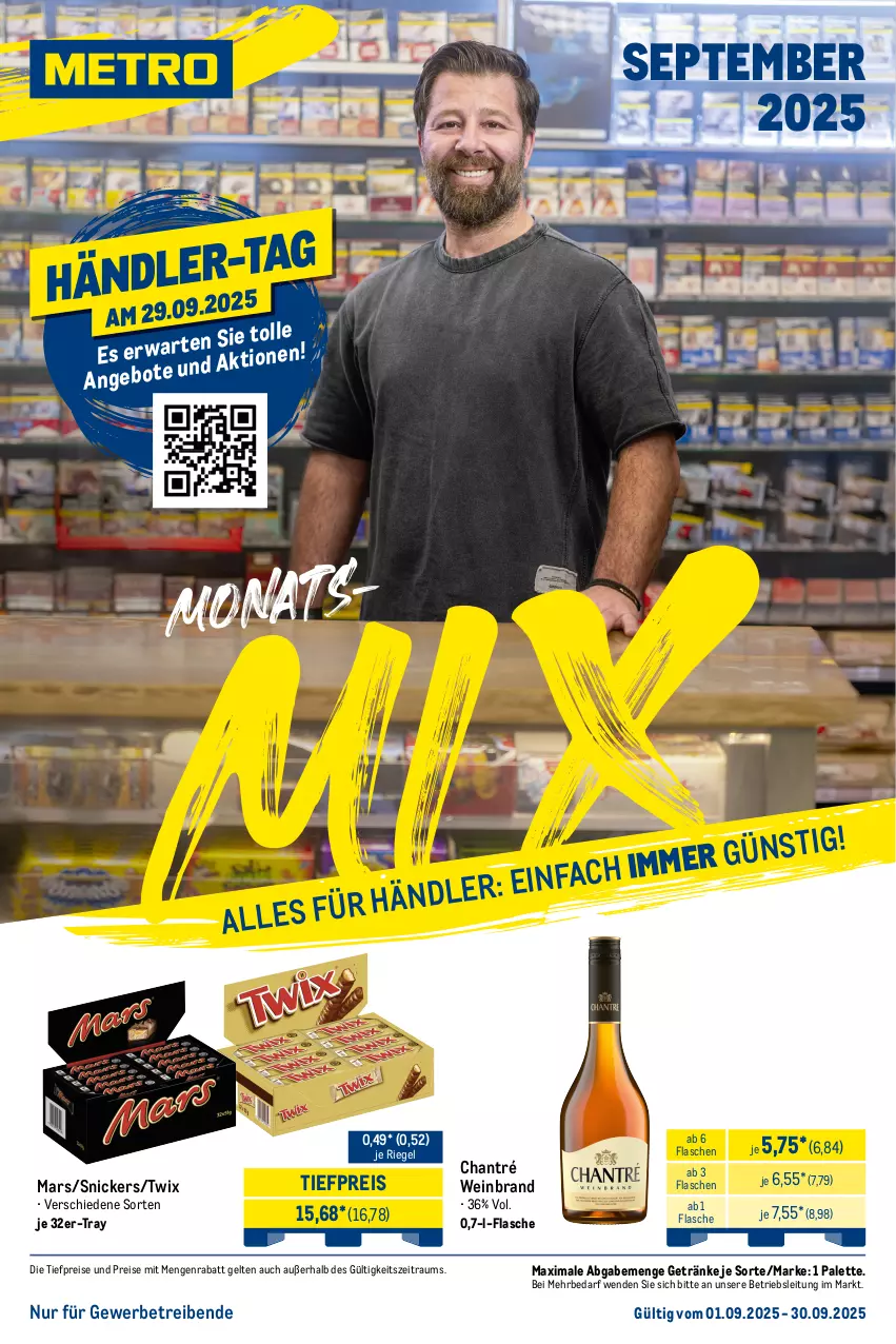 Aktueller Prospekt Metro - Monats-Mix - von 01.09 bis 30.09.2025 - strona 1 - produkty: angebot, angebote, chantré, eis, flasche, getränk, getränke, mars, Palette, reis, riegel, snickers, Ti, tiefpreis, twix, wein, weinbrand