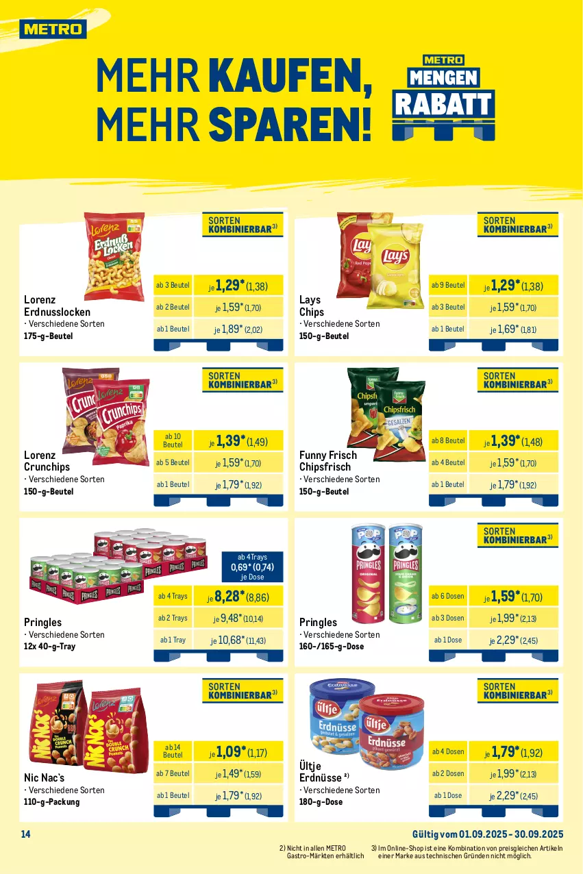 Aktueller Prospekt Metro - Monats-Mix - von 01.09 bis 30.09.2025 - strona 14 - produkty: beutel, chips, chipsfrisch, crunchips, duplo, eis, erdnuss, erdnüsse, ferrero, Funny Frisch, hanuta, hipp, Kinder, kinder bueno, kinder country, kinder riegel, kitkat, lays, lion, lorenz, lorenz crunchips, Metro, nestlé, nuss, pringles, reis, riegel, ring, Ti, tiefpreis, ültje, ültje erdnüsse