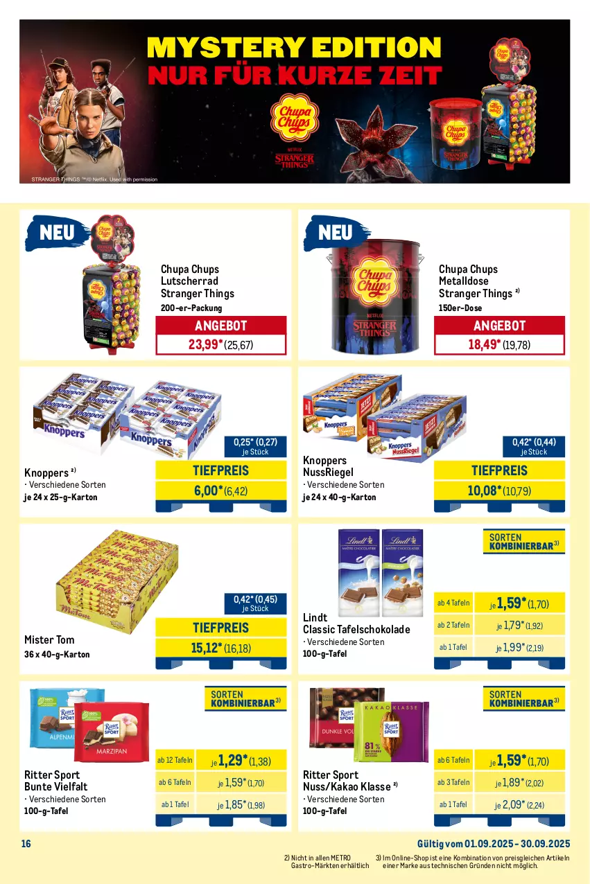Aktueller Prospekt Metro - Monats-Mix - von 01.09 bis 30.09.2025 - strona 16 - produkty: angebot, Becher, chupa, chupa chups, decke, Deckel, Donut, donuts, eis, kaffee, kakao, knoppers, leine, lindt, Lutscher, Metro, metro gastro, milka, netflix, nuss, nussriegel, oreo, reis, riegel, ritter, ritter sport, sahne, schoko, schokolade, Sport, tafelschokolade, Ti, tiefpreis, zucker