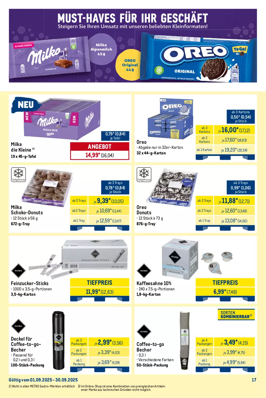 Aktueller Prospekt Metro - Monats-Mix - von 01.09 bis 30.09.2025 - strona 17 - produkty: angebot, Becher, chupa, chupa chups, decke, Deckel, Donut, donuts, eis, kaffee, kakao, knoppers, leine, lindt, Lutscher, Metro, metro gastro, milka, netflix, nuss, nussriegel, oreo, reis, riegel, ritter, ritter sport, sahne, schoko, schokolade, Sport, tafelschokolade, Ti, tiefpreis, zucker
