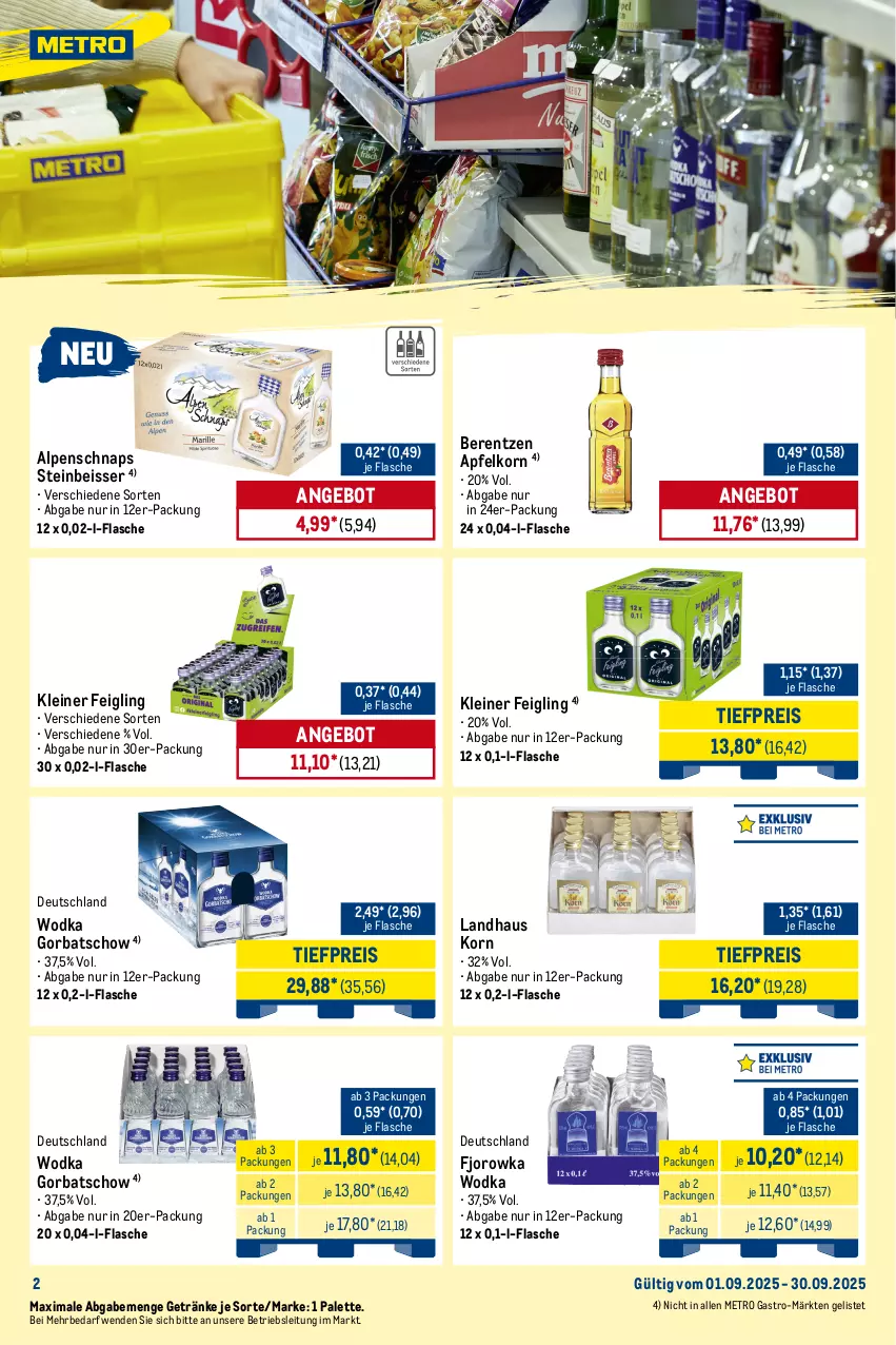 Aktueller Prospekt Metro - Monats-Mix - von 01.09 bis 30.09.2025 - strona 2 - produkty: angebot, apfel, bacardi, berentzen, Cap, captain morgan, cola, eis, flasche, Germ, getränk, getränke, Gorbatschow, jägermeister, kleiner feigling, korn, kräuter, kräuterlikör, kuemmerling, leine, likör, Meister, merl, Metro, metro gastro, mojito, Palette, pfeffer, pfefferminzlikör, reis, rum, Ti, tiefpreis, underberg, white rum, wodka