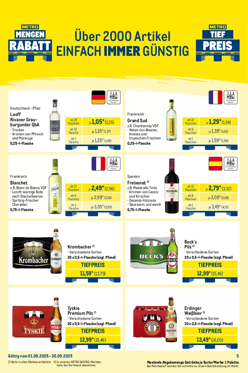 Aktueller Prospekt Metro - Monats-Mix - von 01.09 bis 30.09.2025 - strona 5 - produkty: ananas, beere, beeren, bier, burgunder, cassis, chardonnay, cola, de blancs, Effect, eis, ente, erdinger, flasche, freixenet, früchte, früchten, getränk, getränke, gin, gordon, gordons, grand sud, grauburgunder, Havana Club, Holz, jack daniel, jim beam, kirsch, kirsche, kirschen, krombache, krombacher, maracuja, Metro, metro gastro, Palette, pfirsich, pils, premium pils, reis, Rivaner, smirnoff, Stachelbeeren, Three Sixty, Ti, tiefpreis, tonic, tyskie, vodka