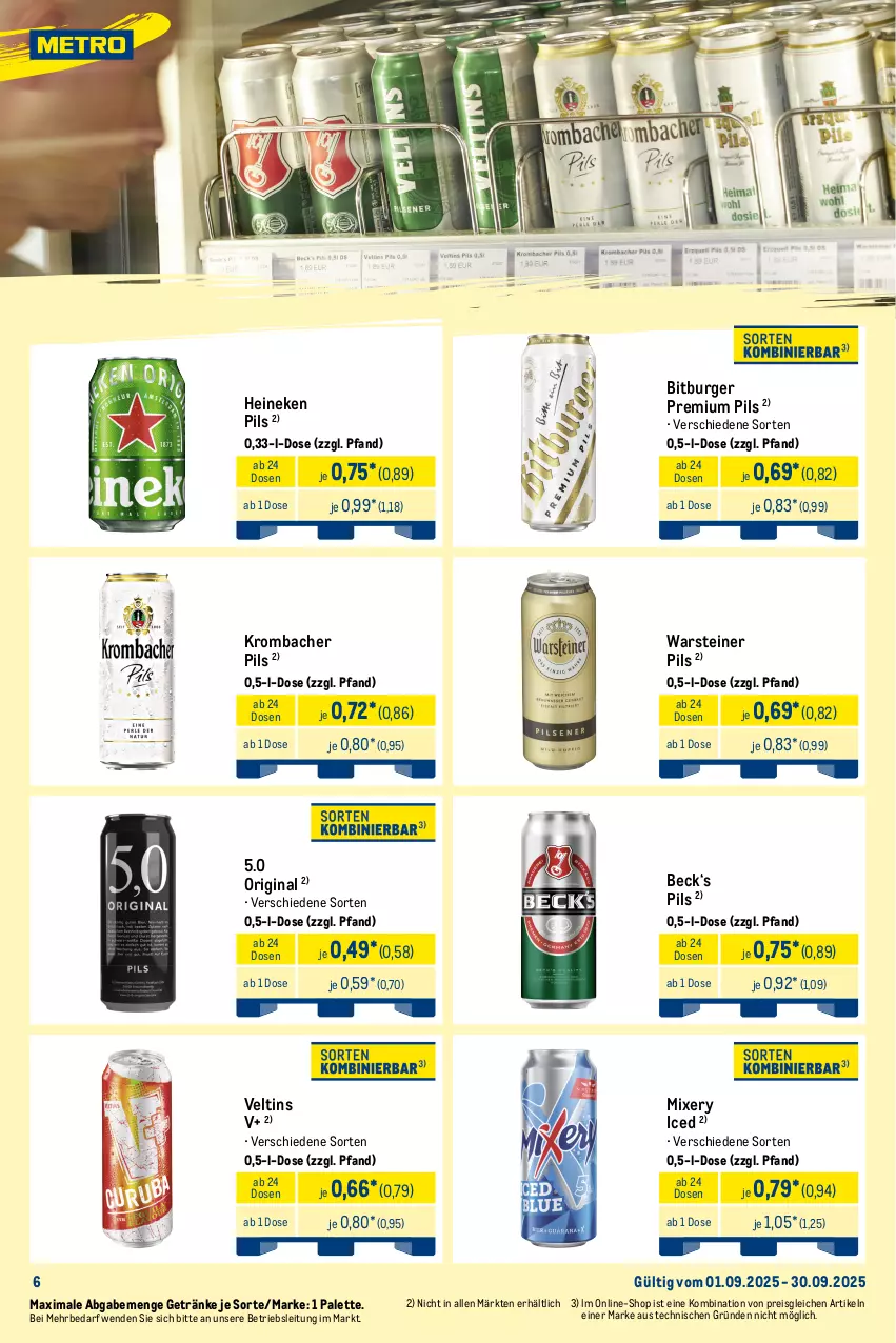 Aktueller Prospekt Metro - Monats-Mix - von 01.09 bis 30.09.2025 - strona 6 - produkty: alkohol, alkoholfreie getränke, angebot, angebote, bier, Biere, bitburger, burger, decke, desperados, eis, flasche, getränk, getränke, gin, heineken, karlsberg, karlsberg mixery, krombache, krombacher, krombacher pils, Metro, Mixer, mixery, Palette, pils, pilsener, premium pils, reis, steiner, tequila, Ti, veltins, warsteiner