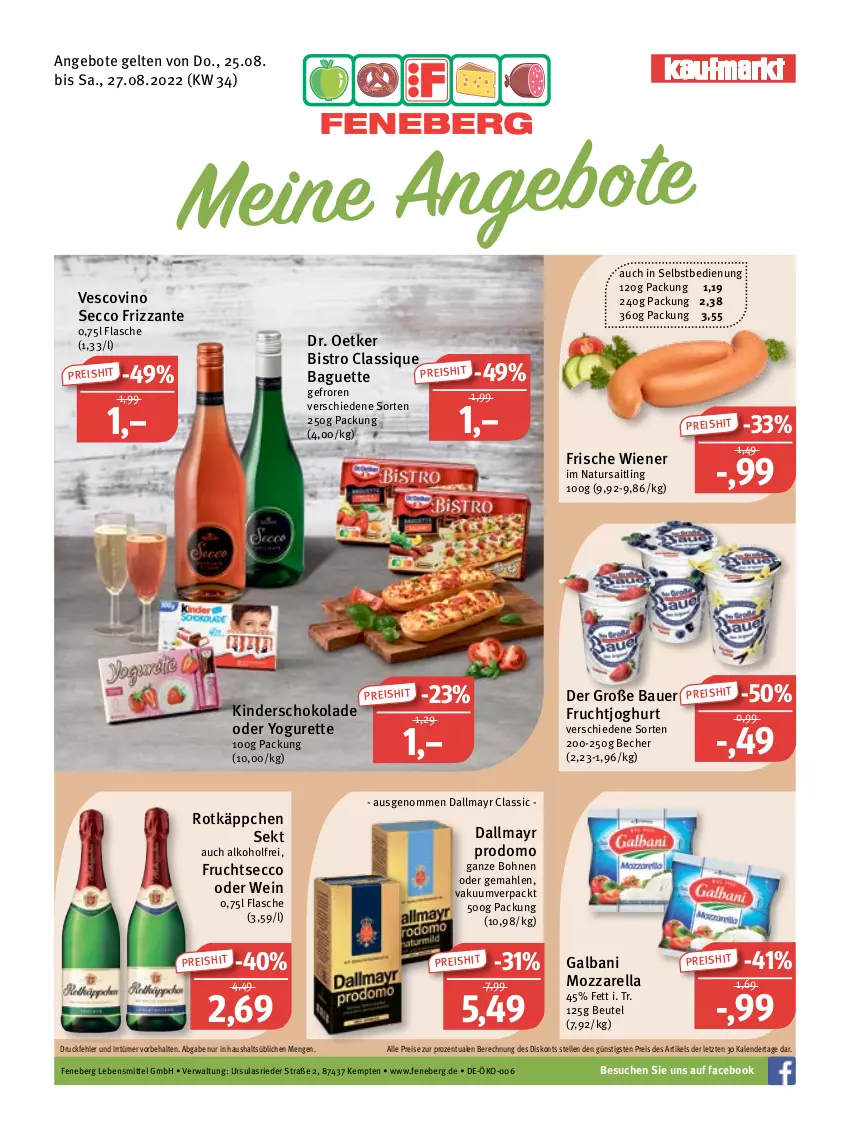 Aktueller Prospekt Feneberg - Prospekte - von 25.08 bis 27.08.2022 - strona 1 - produkty: alkohol, angebot, angebote, auer, baguette, Bau, Bauer, Becher, beutel, bohne, bohnen, dallmayr, dallmayr prodomo, Dr. Oetker, ecco, eis, elle, flasche, frizzante, frucht, fruchtjoghurt, fruchtsecco, galbani, joghur, joghurt, Kinder, lebensmittel, mozzarella, natur, oder yogurette, prodomo, reis, rel, rotkäppchen, schoko, schokolade, sekt, Ti, vescovino, wein, wiener, Yo, yogurette, ZTE