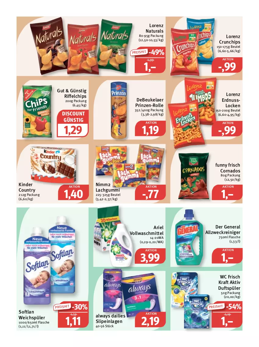 Aktueller Prospekt Feneberg - Prospekte - von 25.08 bis 27.08.2022 - strona 9 - produkty: allzweckreiniger, Alwa, Always, ariel, beutel, chips, crunchips, dailies, debeukelaer, discount, eis, erdnuss, flasche, Funny Frisch, Kinder, kinder country, kraft, lachgummi, lorenz, lorenz crunchips, natur, natura, nimm2, nuss, reiniger, reis, slip, slipeinlagen, Softlan, Ti, vollwaschmittel, waschmittel, wc frisch, WC Frisch Kraft Aktiv, weck, weichspüler