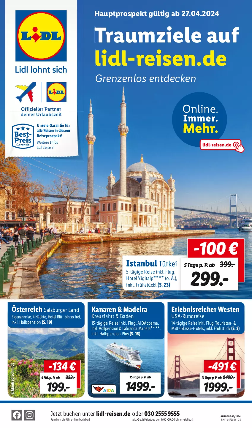 Aktueller Prospekt Lidl - Mai Reise-Highlights - von 27.04 bis 31.05.2024 - strona 1 - produkty: Bad, buch, burger, decke, eier, eis, labranda, reis, salz, Ti, uhr, Weste