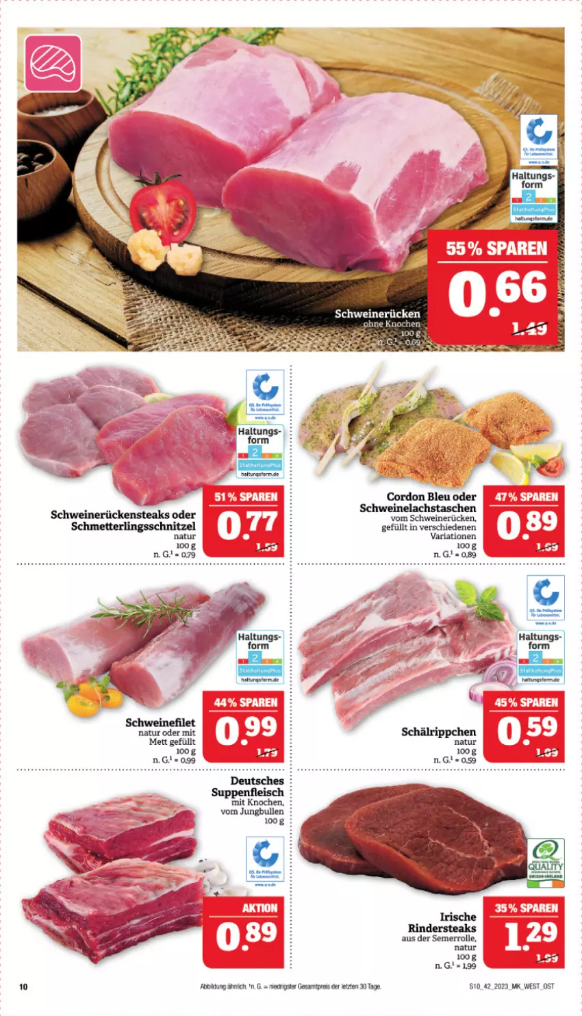 Aktueller Prospekt Marktkauf - Prospekt - von 15.10 bis 21.10.2023 - strona 10 - produkty: cordon bleu, eis, jungbullen, lachs, Mett, natur, reis, Ria, rind, rinder, Rindersteak, schwein, schweine, Schweinelachs, schweinerücken, steak, steaks, Tasche, taschen, Ti, wein, weine, ZTE