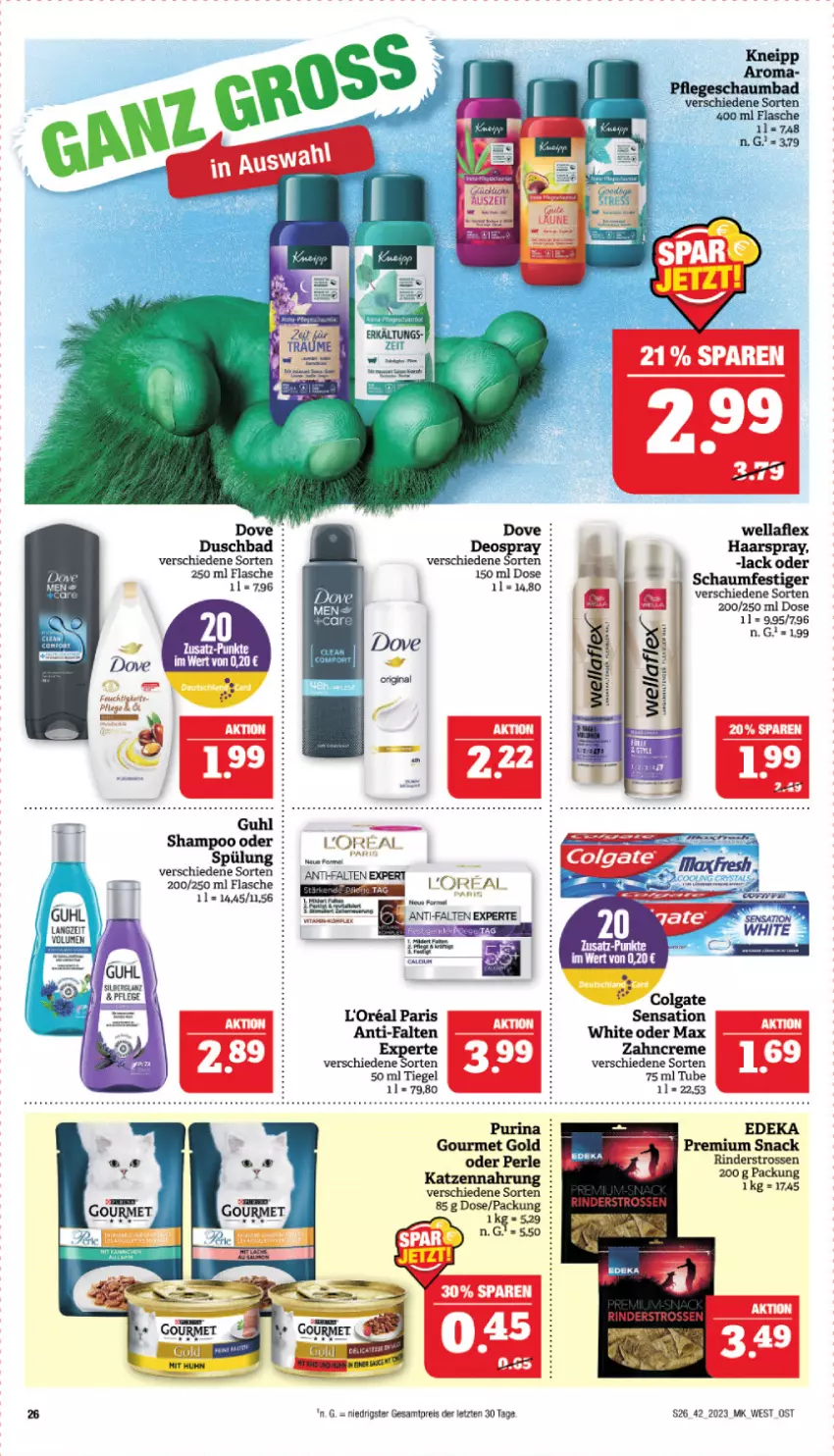 Aktueller Prospekt Marktkauf - Prospekt - von 15.10 bis 21.10.2023 - strona 26 - produkty: anti-falten experte, Bad, colgate, creme, deka, deo, deospray, dove, duschbad, flasche, gourmet gold, Guhl, haarspray, kneipp, lack, LG, loreal, purina, rind, rinder, schaumbad, snack, Ti, Wella, wellaflex, zahncreme