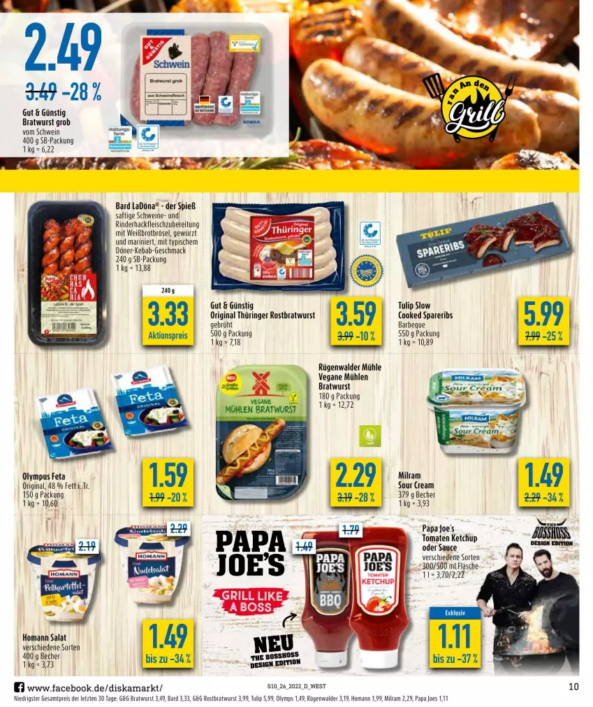 Aktueller Prospekt Diska - Prospekte - von 27.06 bis 02.07.2022 - strona 10 - produkty: Becher, bratwurst, brot, eis, feta, flasche, fleisch, gewürz, gin, hackfleisch, homann, ketchup, mac, milram, original thüringer, reis, rind, rinder, rinderhackfleisch, ring, rostbratwurst, rügenwalder, rügenwalder mühle, saft, salat, sauce, schwein, schweine, sour cream, spareribs, thüringer rostbratwurst, Ti, tomate, tomaten, tomaten ketchup, tulip, wein, weine, wurst, ZTE