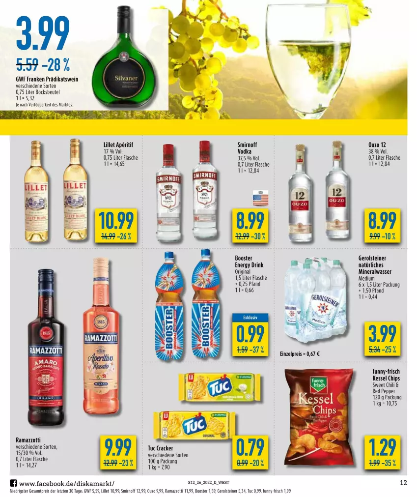 Aktueller Prospekt Diska - Prospekte - von 27.06 bis 02.07.2022 - strona 12 - produkty: Alwa, aperitif, beutel, chili, chips, cracker, drink, eis, energy drink, flasche, funny-frisch, gerolsteine, gerolsteiner, gin, lillet, mineralwasser, ouzo, ouzo 12, rama, ramazzott, ramazzotti, reis, smirnoff, steiner, Ti, tuc, vodka, wasser, wein, zott, ZTE