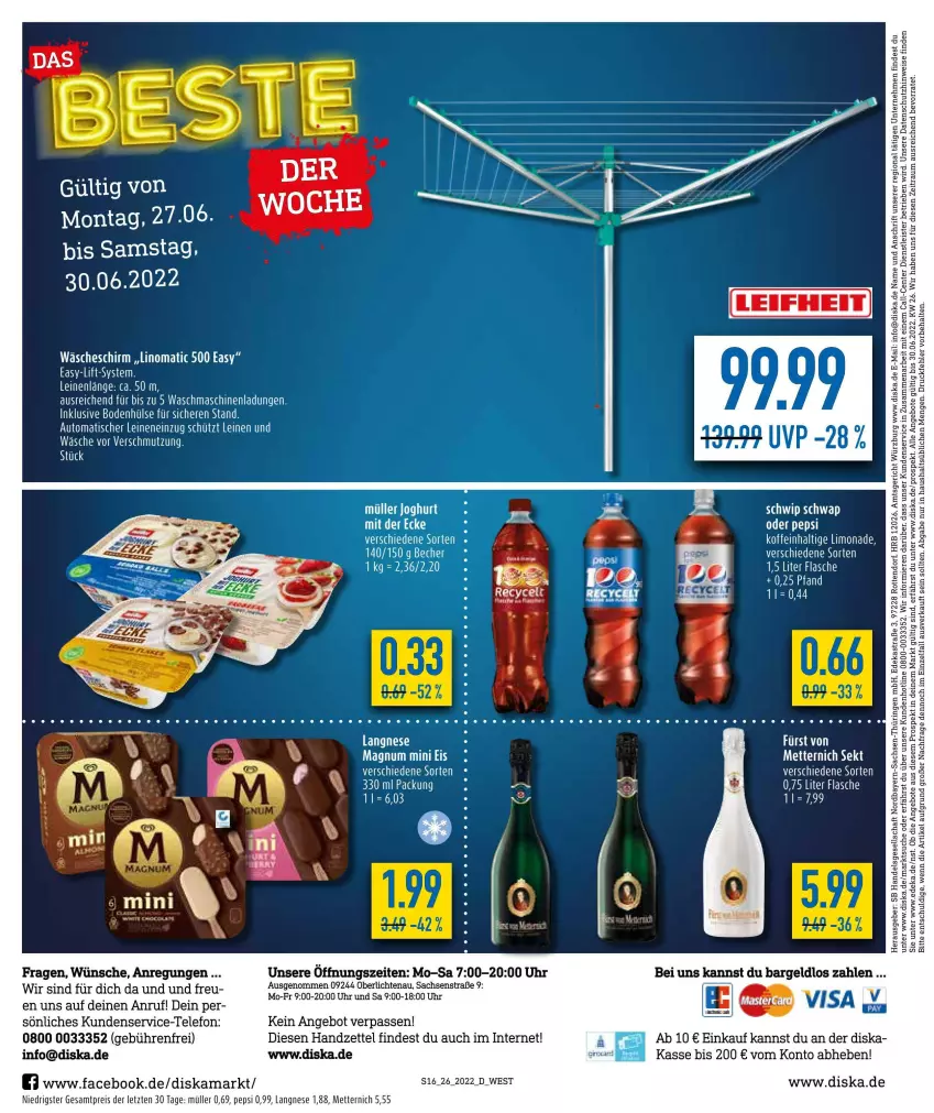 Aktueller Prospekt Diska - Prospekte - von 27.06 bis 02.07.2022 - strona 16 - produkty: angebot, angebote, Astra, auto, deka, eis, ente, flasche, fürst von metternich, langnese, leine, limo, limonade, magnum, Magnum Mini, Mett, metternich, Müller, pepsi, reis, ring, sac, Schwip Schwap, sekt, telefon, Ti, tisch, uhr, wäscheschirm, ZTE