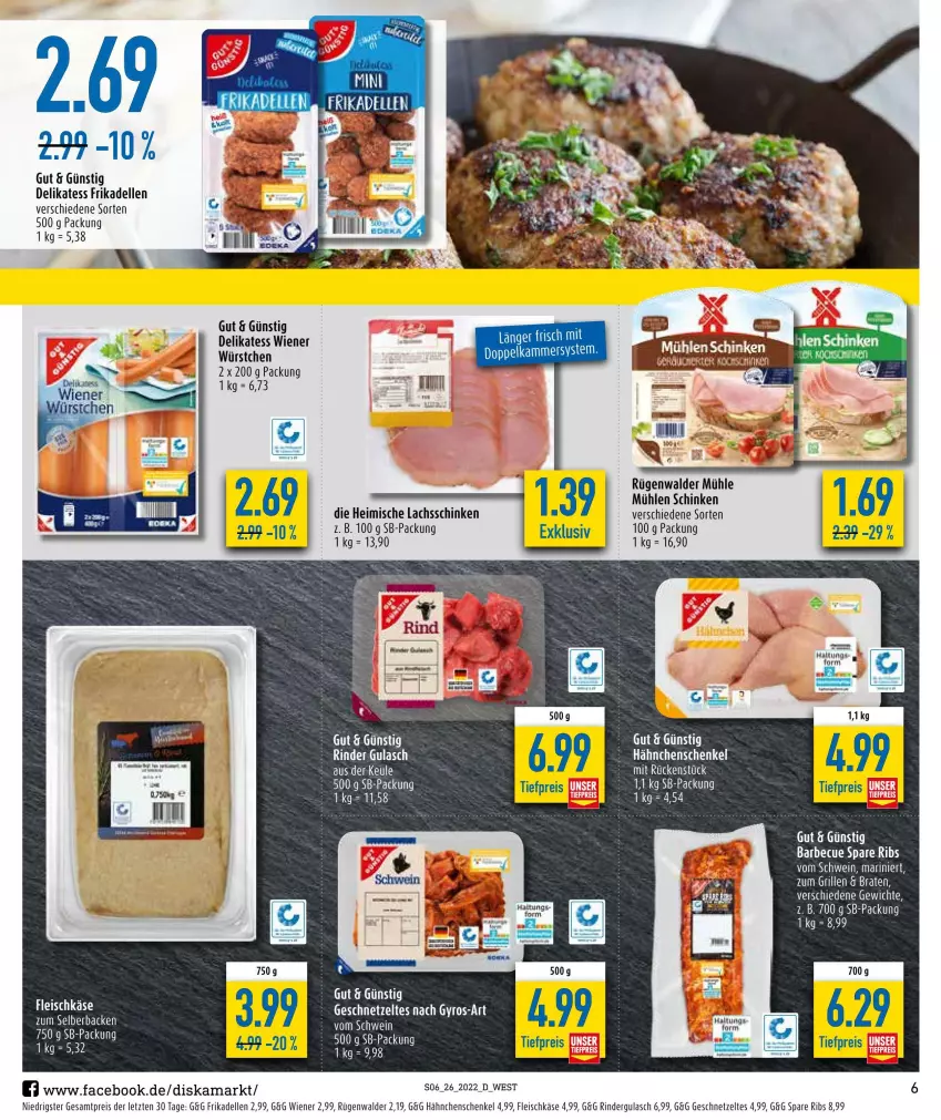 Aktueller Prospekt Diska - Prospekte - von 27.06 bis 02.07.2022 - strona 6 - produkty: barbecue, dell, eis, elle, ente, fleisch, fleischkäse, frikadellen, geschnetzeltes, gulasch, gyros, hähnchenschenkel, henkel, Käse, lachs, lachsschinken, mühlen schinken, reis, rind, rinder, rindergulasch, rügenwalder, rügenwalder mühle, schenkel, schinken, spare ribs, Ti, tiefpreis, wiener, Zelt, ZTE