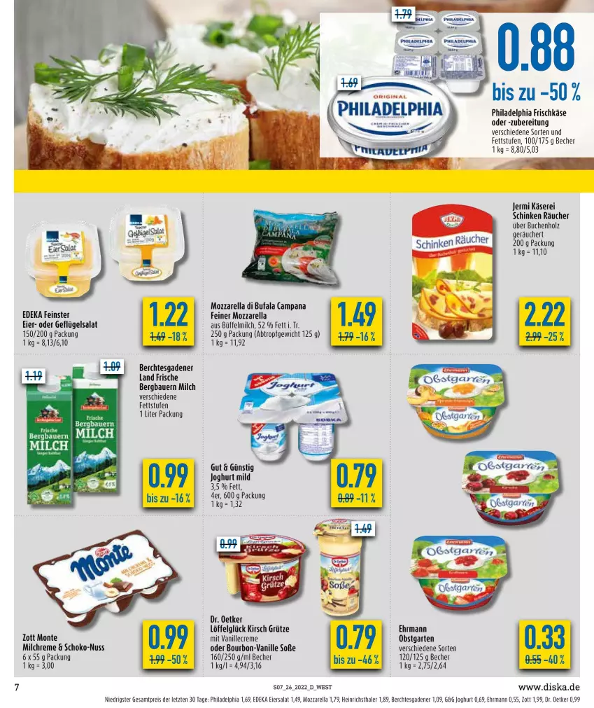 Aktueller Prospekt Diska - Prospekte - von 27.06 bis 02.07.2022 - strona 7 - produkty: auer, Bau, Bauer, Becher, bourbon, buch, creme, deka, di bufala, Dr. Oetker, ehrmann, eier, eiersalat, eis, frischkäse, Garten, Geflügel, geflügelsalat, grütze, heinrichsthaler, Holz, joghur, joghurt, joghurt mild, Käse, kirsch, LG, Löffel, milch, monte, mozzarella, nuss, obst, obstgarten, philadelphia, reis, rel, roba, salat, schinken, schoko, Soße, Ti, vanille, zott, ZTE