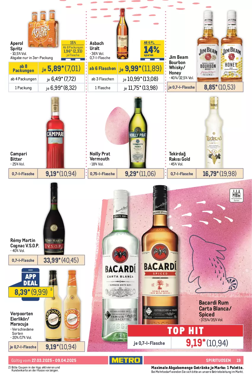 Aktueller Prospekt Metro - Food-Nonfood - von 27.03 bis 09.04.2025 - strona 19 - produkty: ananas, aperol, apfel, asbach uralt, auer, bacardi, bacardi rum, beere, beeren, bourbon, Bourgogne, bree, brombeere, brombeeren, brut, campari, Casali, Cava, chardonnay, Cognac, coupon, dornfelder, ecco, eier, eierlikör, eis, flasche, freixenet, frucht, früchte, früchten, getränk, getränke, grand sud, grill, grillo, holunder, honig, jim beam, kakao, kirsch, kirsche, kirschen, likör, mac, maracuja, Palette, primitivo, prosecco, puma, reis, Ria, rotkäppchen, rum, sauerkirschen, sekt, spirituosen, spumante, Ti, tisch, Vermouth, verpoorten, wein, whisky, zitrone, zonin