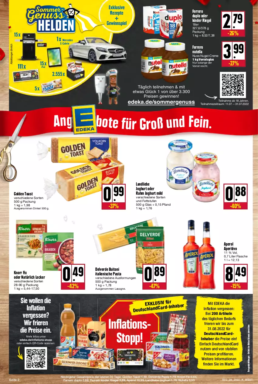 Aktueller Prospekt Kupsch - Angebote der Woche - von 11.07 bis 16.07.2022 - strona 2 - produkty: aperol, beispielabbildung, buitoni, creme, deka, deutschlandcard, duplo, eis, erde, ferrero, flasche, golden toast, italienische pasta, joghur, joghurt, joghurt mild, Kinder, kinder riegel, knorr, knorr fix, landliebe, landliebe joghurt, lasagne, nuss, nuss-nugat-creme, nutella, pasta, reis, riegel, Ti, Tiere, toast, wolle, ZTE