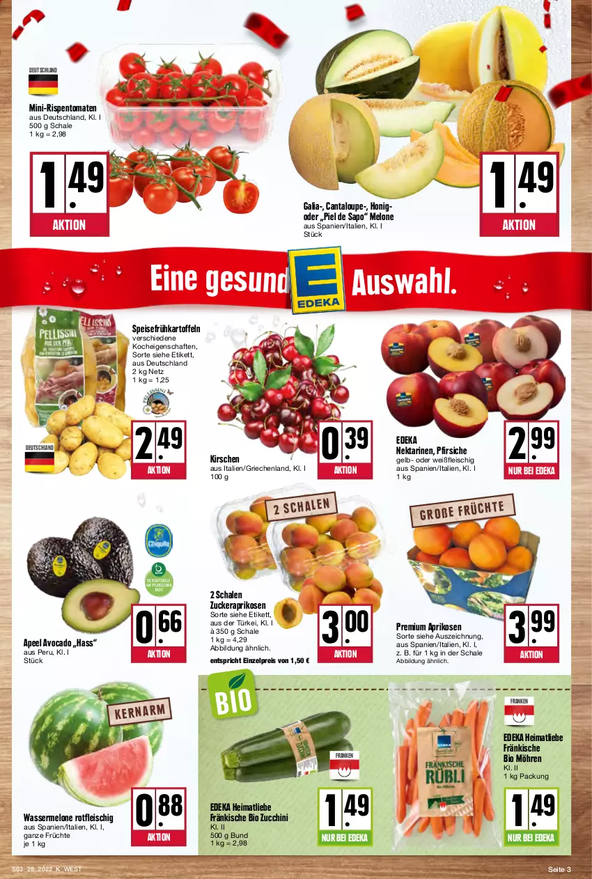 Aktueller Prospekt Kupsch - Angebote der Woche - von 11.07 bis 16.07.2022 - strona 3 - produkty: aprikose, aprikosen, avocado, bio, deka, eis, fleisch, früchte, Frühkartoffeln, honig, kartoffel, kartoffeln, kirsch, kirsche, kirschen, melone, mini-rispentomaten, möhren, Nektar, nektarinen, pfirsich, pfirsiche, reis, rispentomaten, Schal, Schale, speisefrühkartoffeln, Ti, tomate, tomaten, wasser, wassermelone, zucchini, zucker