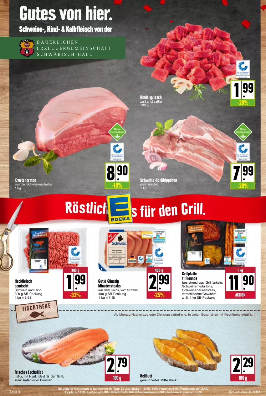 Aktueller Prospekt Kupsch - Angebote der Woche - von 11.07 bis 16.07.2022 - strona 4 - produkty: braten, eis, filet, fisch, fischtheke, fleisch, grill, grillfackeln, grillplatte, gulasch, hackfleisch, hackfleisch gemischt, Kalbfleisch, krustenbraten, lachs, lachsfilet, latte, medaillons, minutensteaks, Nackensteak, natur, reis, rind, rinder, rindergulasch, saft, schwein, schwein und rind, schweine, schweinenacken, steak, steaks, Ti, wein, weine, ZTE