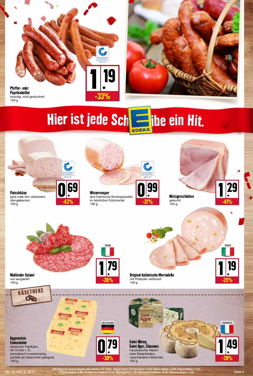 Aktueller Prospekt Kupsch - Angebote der Woche - von 11.07 bis 16.07.2022 - strona 5 - produkty: albray, chaumes, dell, eis, emmentaler, fleisch, fleischkäse, geback, gin, hartkäse, Käse, leine, Mantel, mit pistazien, mortadella, nuss, Ofen, paprika, pfeffer, Pfefferbeißer, pistazien, reis, Saint Agur, saint albray, salami, schinken, Spezi, Ti, tisch, würfel, wurst, ZTE