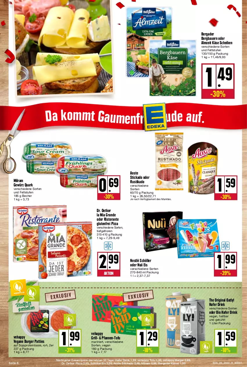 Aktueller Prospekt Kupsch - Angebote der Woche - von 11.07 bis 16.07.2022 - strona 6 - produkty: aoste stickado, auer, Bau, Bauer, Becher, bergader, bio, burger, Dr. Oetker, drink, eis, gewürz, gin, grill, hafer, Käse, milram, nestlé, nestlé schöller, nuii, pfanne, pfannen, pizza, quark, reis, ristorante, Schöller, soja, stickado, Ti, Tofu, Vegeta, ZTE