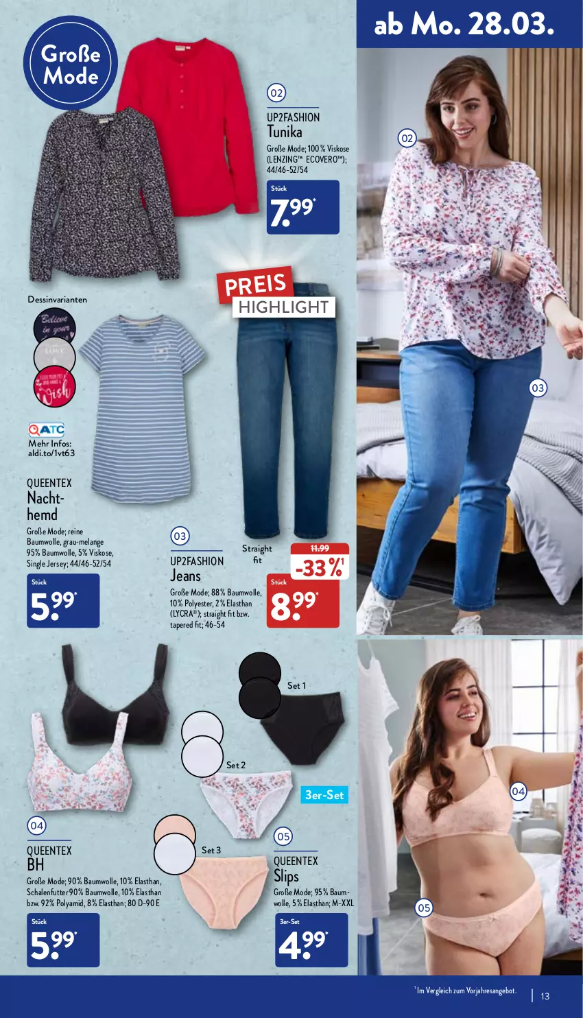 Aktueller Prospekt Aldi Nord - Aldi-Aktuell - von 28.03 bis 02.04.2022 - strona 13 - produkty: aldi, angebot, Bau, baumwolle, ecovero, eis, Elan, ente, hemd, jeans, lenzing, Mode, Nachthemd, Queentex, reine baumwolle, reis, resa, Ria, Schal, Schale, slip, slips, tunika, up2fashion, wolle