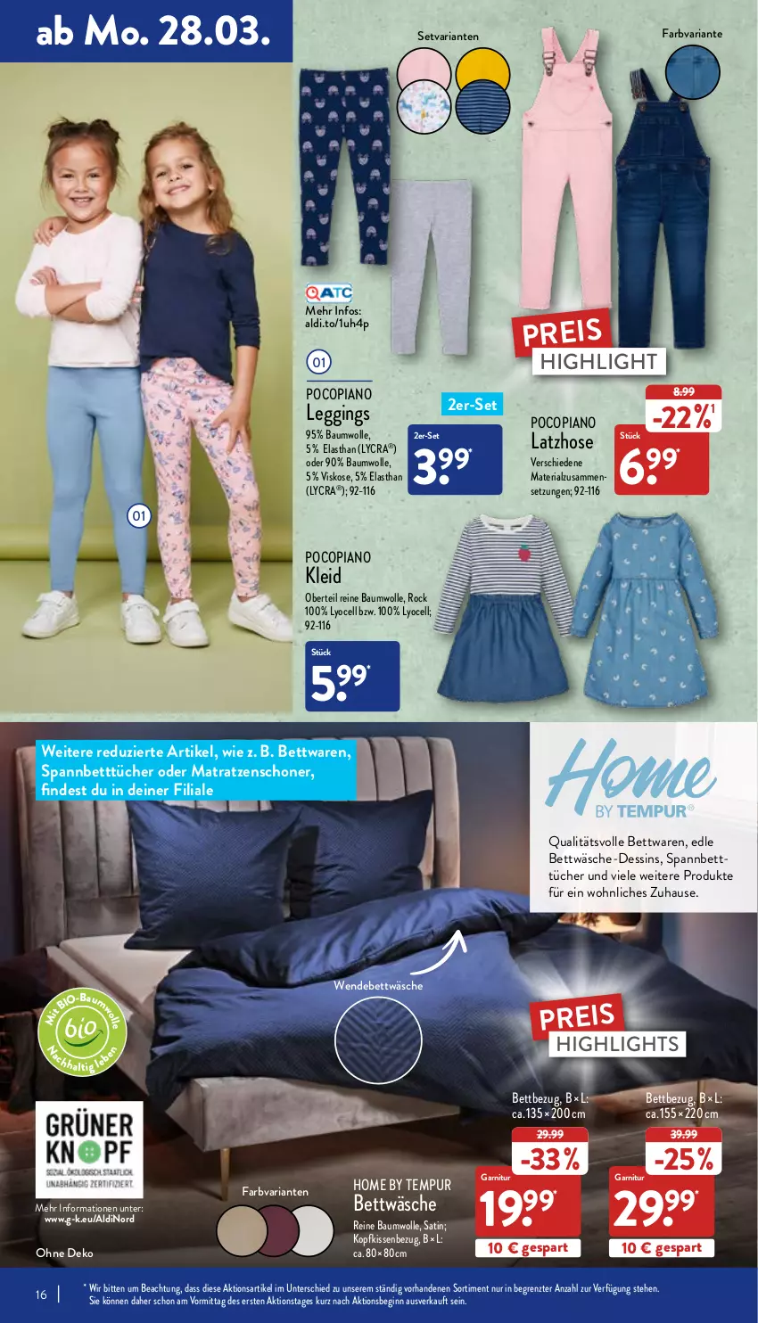 Aktueller Prospekt Aldi Nord - Aldi-Aktuell - von 28.03 bis 02.04.2022 - strona 16 - produkty: aldi, Bau, baumwolle, bett, bettwäsche, bio, eis, garnitur, gin, hose, kissen, Kissenbezug, kleid, kopfkissen, kopfkissenbezug, Latzhose, leggings, matratze, matratzen, pocopiano, reine baumwolle, reis, Ria, Spannbetttücher, Ti, tücher, wendebettwäsche, wolle, Yo, ZTE