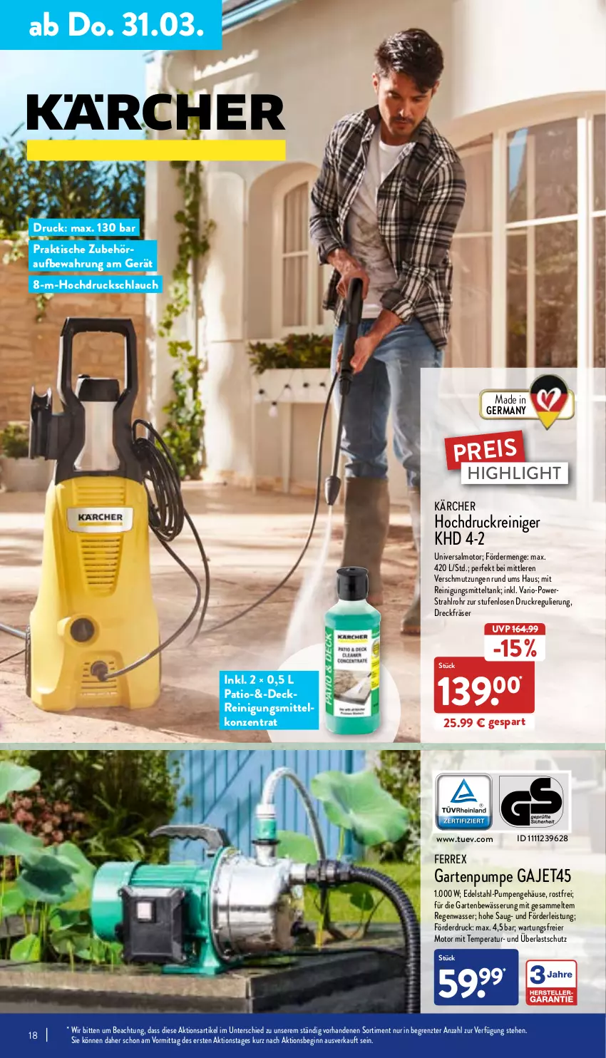 Aktueller Prospekt Aldi Nord - Aldi-Aktuell - von 28.03 bis 02.04.2022 - strona 18 - produkty: edelstahl, eier, eis, ferrex, Garten, Gartenpumpe, Germ, gin, hochdruckreiniger, reiniger, Reinigung, Reinigungsmittel, reis, schlauch, Ti, tisch, wasser, ZTE