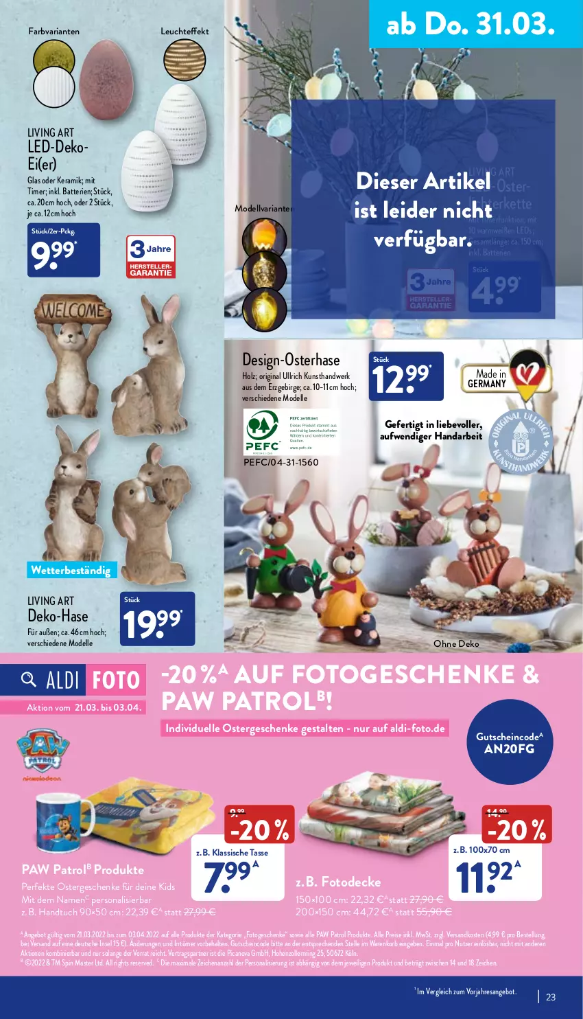 Aktueller Prospekt Aldi Nord - Aldi-Aktuell - von 28.03 bis 02.04.2022 - strona 23 - produkty: aldi, angebot, batterie, batterien, decke, dell, eis, elle, Germ, gin, gutschein, handtuch, Holz, Kette, korb, leds, Leuchte, lichterkette, Mode, ndk, Paw Patrol, Persona, reis, resa, Ria, ring, tasse, Ti, timer, tuc