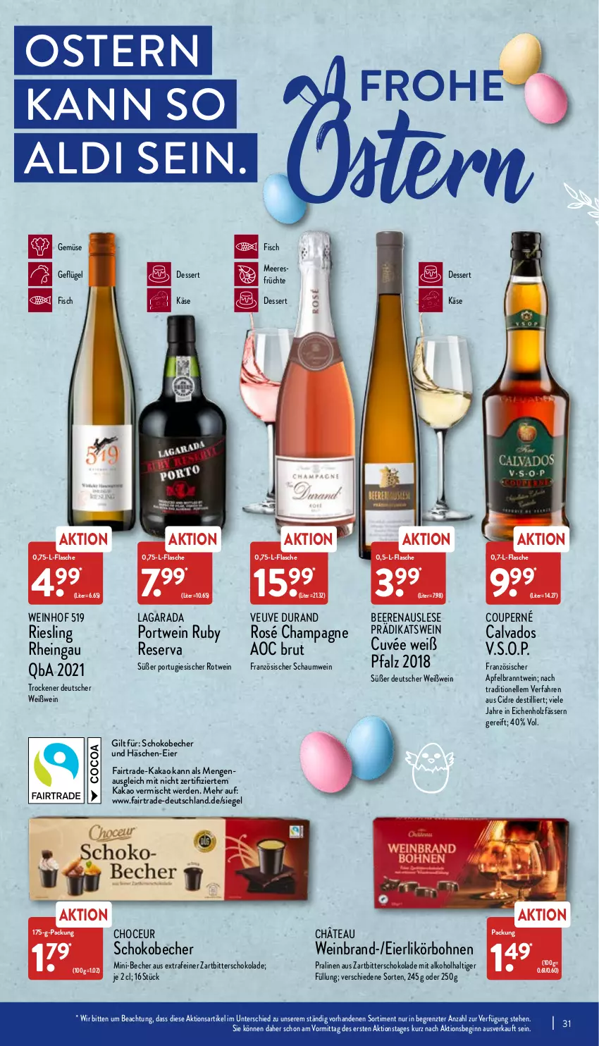 Aktueller Prospekt Aldi Nord - Aldi-Aktuell - von 28.03 bis 02.04.2022 - strona 31 - produkty: aldi, alkohol, apfel, Becher, bohne, bohnen, brut, champagne, cuvée, dessert, eier, eierlikör, elle, erde, fisch, flasche, früchte, Geflügel, gin, Holz, kakao, Käse, likör, meeresfrüchte, Portwein, pralinen, riesling, rotwein, schoko, schokolade, Ti, wein, weinbrand, Weißwein, Zartbitterschokolade, ZTE