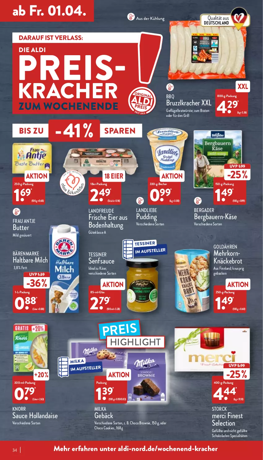 Aktueller Prospekt Aldi Nord - Aldi-Aktuell - von 28.03 bis 02.04.2022 - strona 34 - produkty: aldi, auer, bärenmarke, Bau, Bauer, Becher, bergader, braten, brot, brownie, butter, cookie, cookies, eier, eis, elle, frau antje, geback, Geflügel, grill, haltbare milch, hollandaise, Käse, knäckebrot, knorr, korn, kracher, landliebe, merci, milch, milka, pudding, reis, sauce, sauce hollandaise, schoko, schokolade, schokoladen, senf, Spezi, storck, teller, Ti