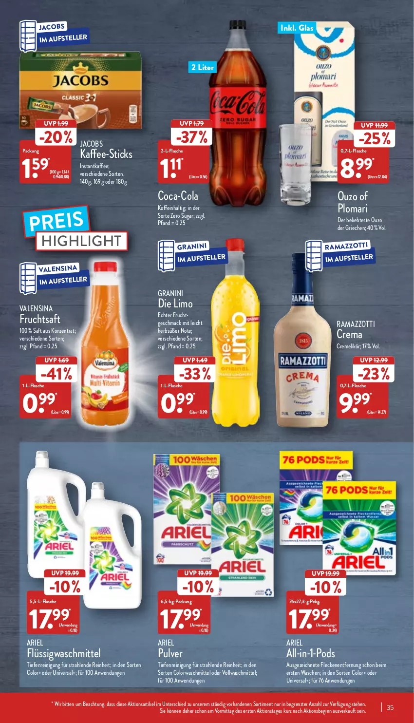 Aktueller Prospekt Aldi Nord - Aldi-Aktuell - von 28.03 bis 02.04.2022 - strona 35 - produkty: ariel, coca-cola, cola, colorwaschmittel, creme, eis, elle, flasche, frucht, fruchtsaft, gin, granini, granini die limo, instantkaffee, jacobs, kaffee, likör, limo, mac, ouzo, Pods, rama, ramazzott, ramazzotti, Reinigung, reis, saft, teller, Ti, valensina, vollwaschmittel, waschmittel, zott, ZTE