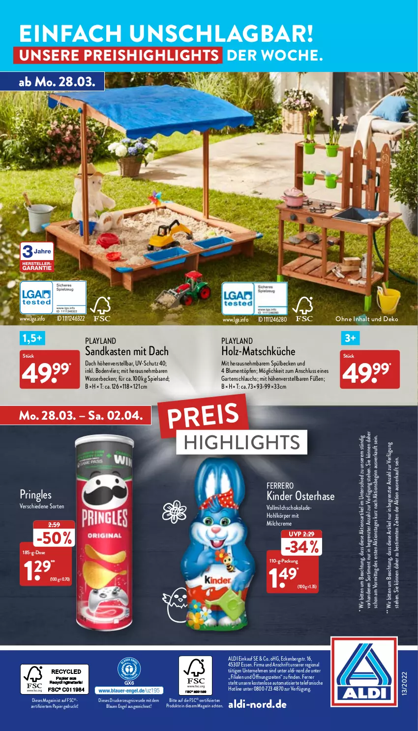 Aktueller Prospekt Aldi Nord - Aldi-Aktuell - von 28.03 bis 02.04.2022 - strona 36 - produkty: aldi, auto, blume, blumen, creme, drucker, eis, Engel, ferrero, Garten, gartenschlauch, gin, Holz, kerze, Kinder, küche, LG, magazin, milch, ndk, papier, pringles, reis, ring, Sandkasten, schlauch, schoko, schokolade, spielsand, telefon, Ti, uv-schutz, vollmilch, wasser, ZTE