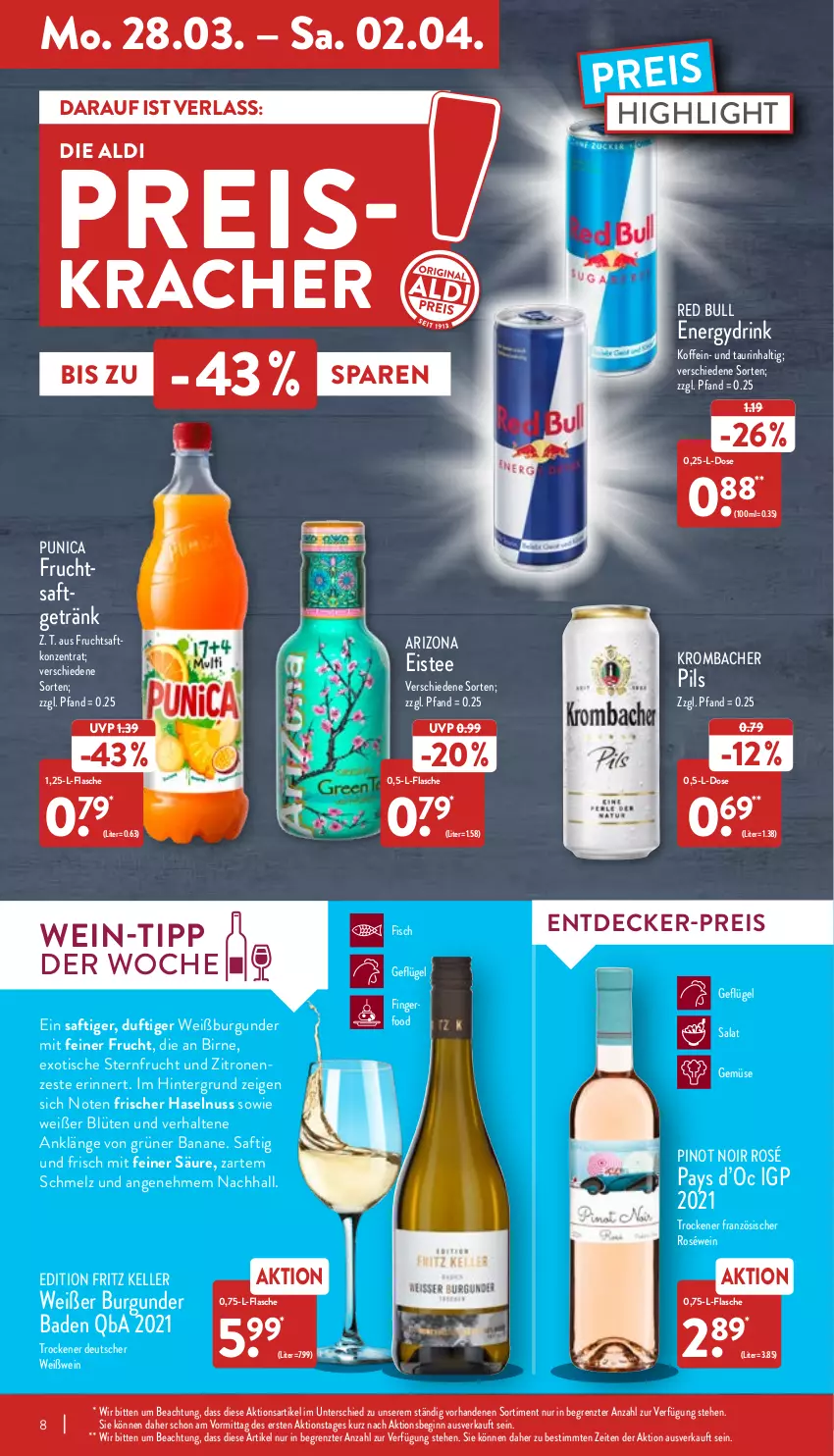 Aktueller Prospekt Aldi Nord - Aldi-Aktuell - von 28.03 bis 02.04.2022 - strona 8 - produkty: aldi, Bad, banane, Blüte, burgunder, decke, drink, eis, eistee, elle, fisch, flasche, fritz, frucht, fruchtsaft, fruchtsaftgetränk, Geflügel, getränk, gin, haselnuss, kracher, krombache, krombacher, krombacher pils, nuss, pils, Pinot, pinot noir, punica, red bull, reis, roséwein, saft, salat, tee, Ti, tisch, wein, Weißburgunder, Weißwein, zitrone, zitronen, ZTE