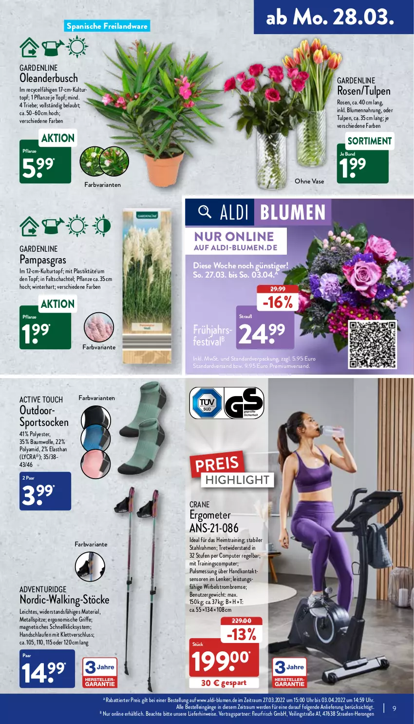 Aktueller Prospekt Aldi Nord - Aldi-Aktuell - von 28.03 bis 02.04.2022 - strona 9 - produkty: active touch, aldi, asti, Bau, baumwolle, blume, blumen, Blüte, Brei, computer, eis, elle, erde, hero, kulturtopf, Laufen, LG, ndk, pflanze, pute, reis, Ria, rind, rosen, socken, Sport, sportsocken, Ti, tisch, topf, Tüte, uhr, Vase, wolle