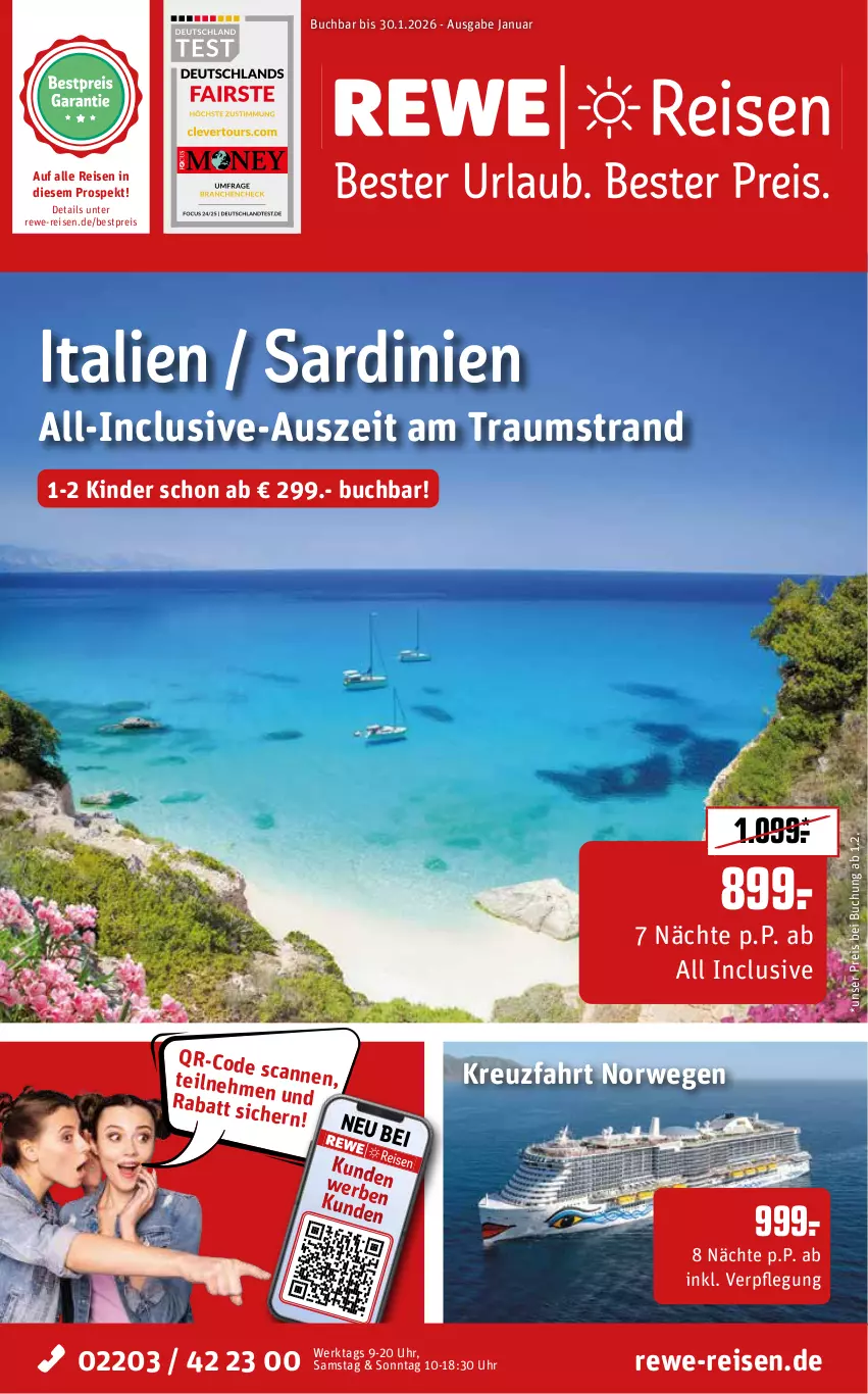 Aktueller Prospekt Rewe Reisen - Reiseprospekt - von 19.12.2025 bis 30.01.2026 - strona 1 - produkty: bestpreis, buch, eis, Kinder, reis, rwe, uhr