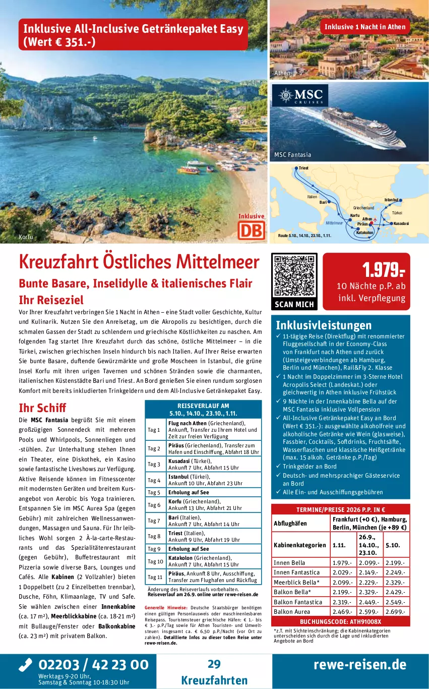 Aktueller Prospekt Rewe Reisen - Reiseprospekt - von 19.12.2025 bis 30.01.2026 - strona 29 - produkty: alkohol, alkoholische getränke, angebot, angebote, asti, balkonkabine, bett, Betten, bier, Brei, buch, cocktail, cocktails, drink, drinks, dusche, eis, elle, ente, fanta, fenster, flasche, frucht, fruchtsäfte, getränk, getränke, gewürz, harman, inklusivleistungen, kreuzfahrten, LG, Liege, meerblickkabine, Mode, pool, reis, reiseverlauf, rel, Ria, ring, säfte, sonnenliege, Spezi, Stühl, Thea, Ti, tisch, uhr, wasser, wein, Whirlpool, Yo