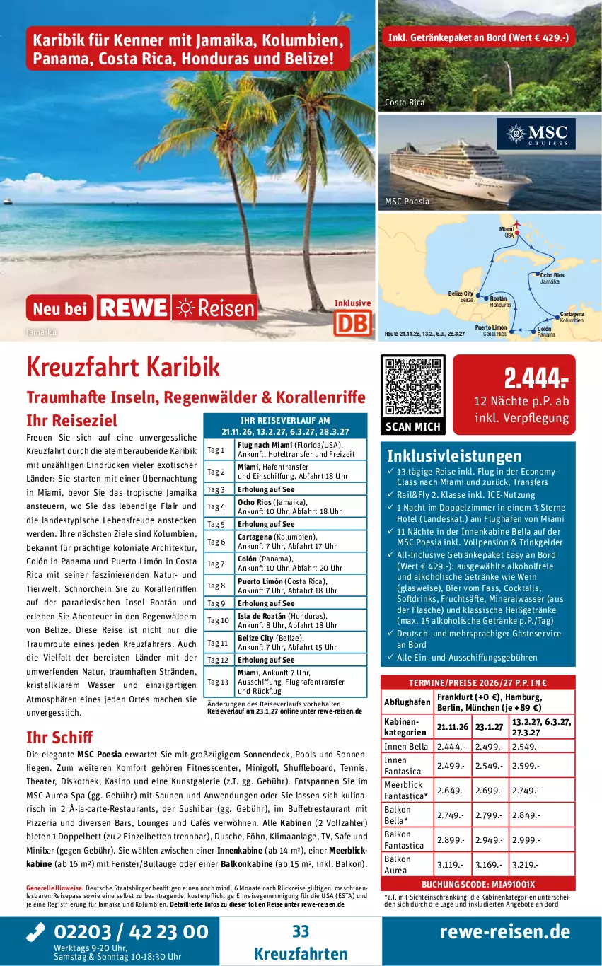 Aktueller Prospekt Rewe Reisen - Reiseprospekt - von 19.12.2025 bis 30.01.2026 - strona 33 - produkty: alkohol, alkoholische getränke, Alwa, angebot, angebote, asti, balkonkabine, bett, Betten, bier, buch, cocktail, cocktails, drink, drinks, dusche, eis, elle, ente, erde, fanta, fenster, flasche, frucht, fruchtsäfte, getränk, getränke, inklusivleistungen, kreuzfahrten, Liege, mac, meerblickkabine, mineralwasser, natur, pool, reis, reiseverlauf, rel, Ria, rwe, säfte, sonnenliege, Sushi, Thea, Ti, tisch, uhr, wasser, wein