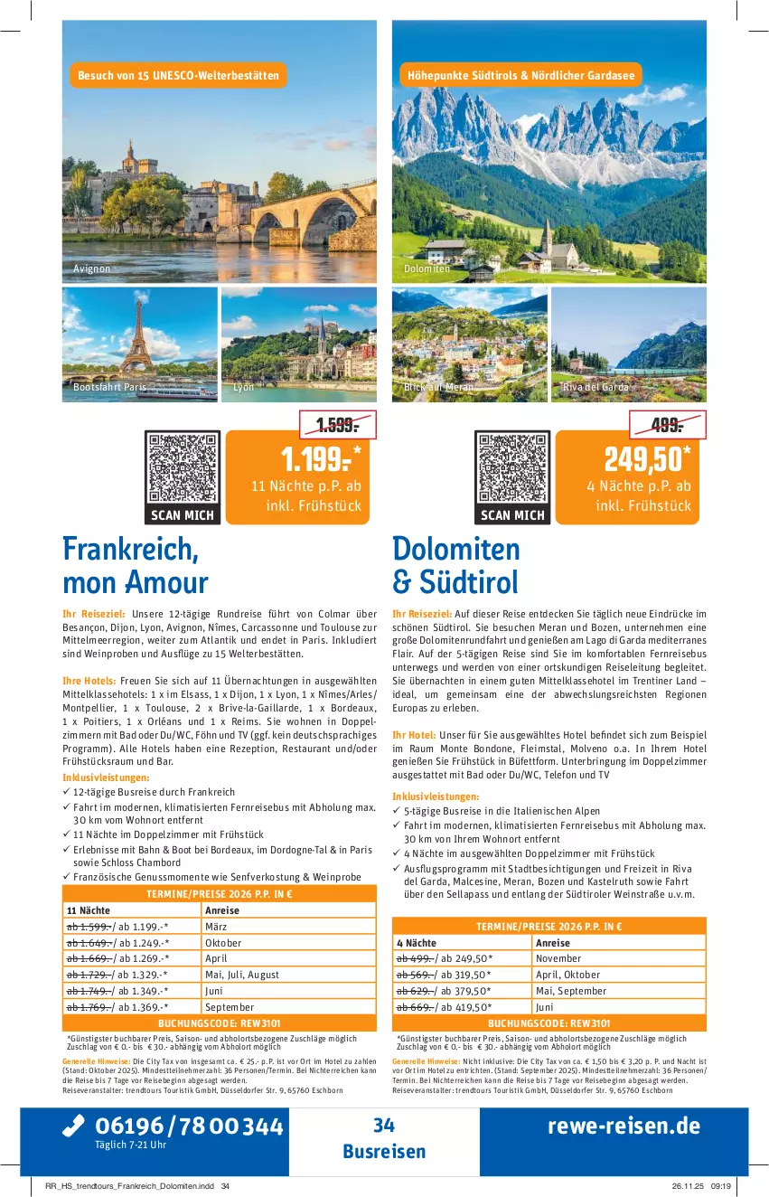Aktueller Prospekt Rewe Reisen - Reiseprospekt - von 19.12.2025 bis 30.01.2026 - strona 34 - produkty: Bad, buch, busreisen, decke, eis, elle, ente, erde, gin, inklusivleistungen, Mode, monte, nuss, pril, reis, reiseveranstalter, rel, rezept, ring, rwe, senf, südtiroler, telefon, Ti, trendtours touristik gmbh, uhr, wein, Yo