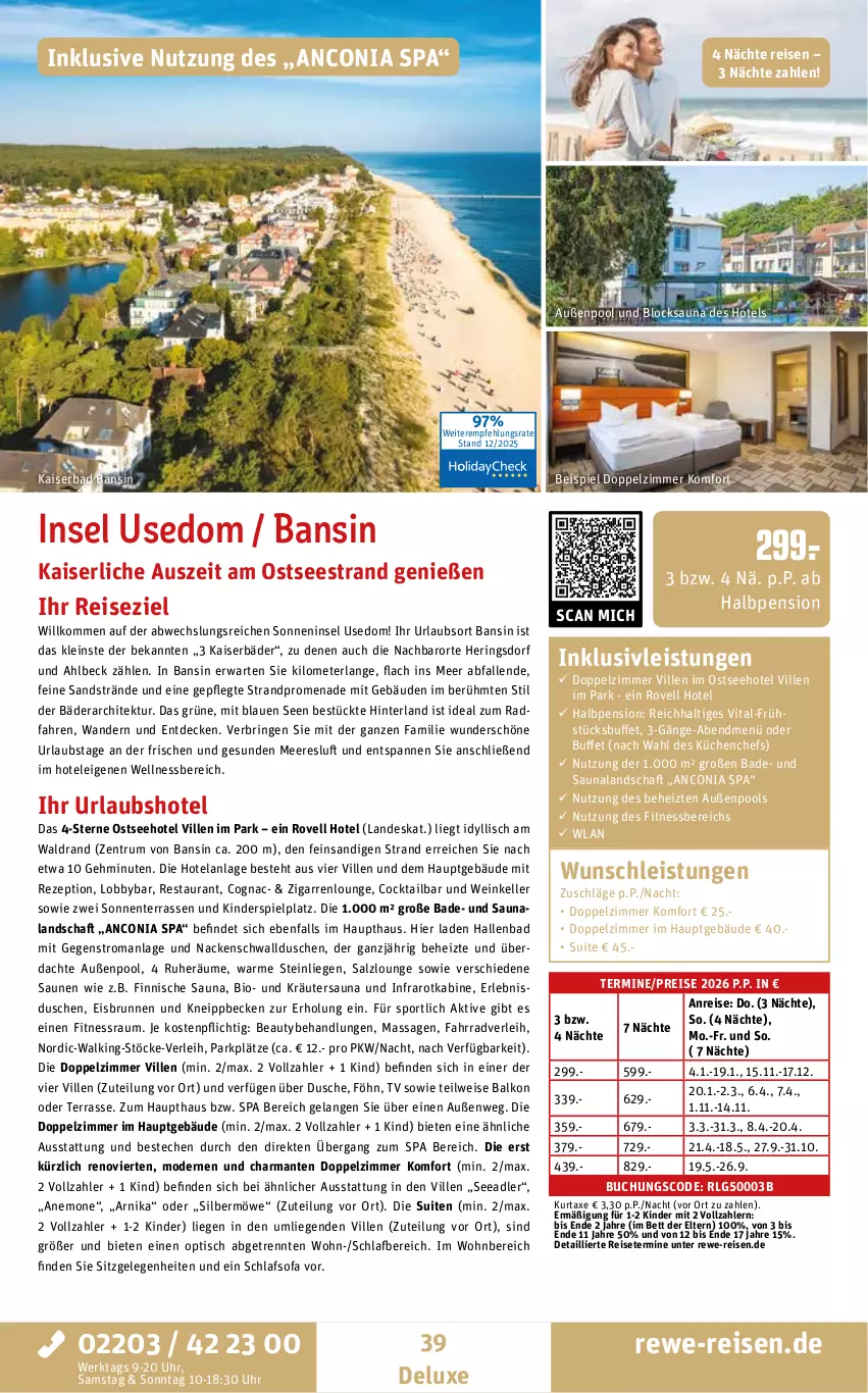 Aktueller Prospekt Rewe Reisen - Reiseprospekt - von 19.12.2025 bis 30.01.2026 - strona 39 - produkty: axe, Bad, bett, bio, brunnen, buch, cocktail, Cognac, decke, dusche, eis, Elan, elle, ente, Fahrrad, harman, hering, Herings, inklusivleistungen, Kaiser, Kinder, Kinderspiel, kneipp, kräuter, küche, Küchen, kurtaxe, LG, Liege, Mode, pool, reis, rezept, ring, rum, salz, schlafsofa, Sofa, Sport, Ti, tisch, uhr, vita, wein, wellnessbereich, ZTE