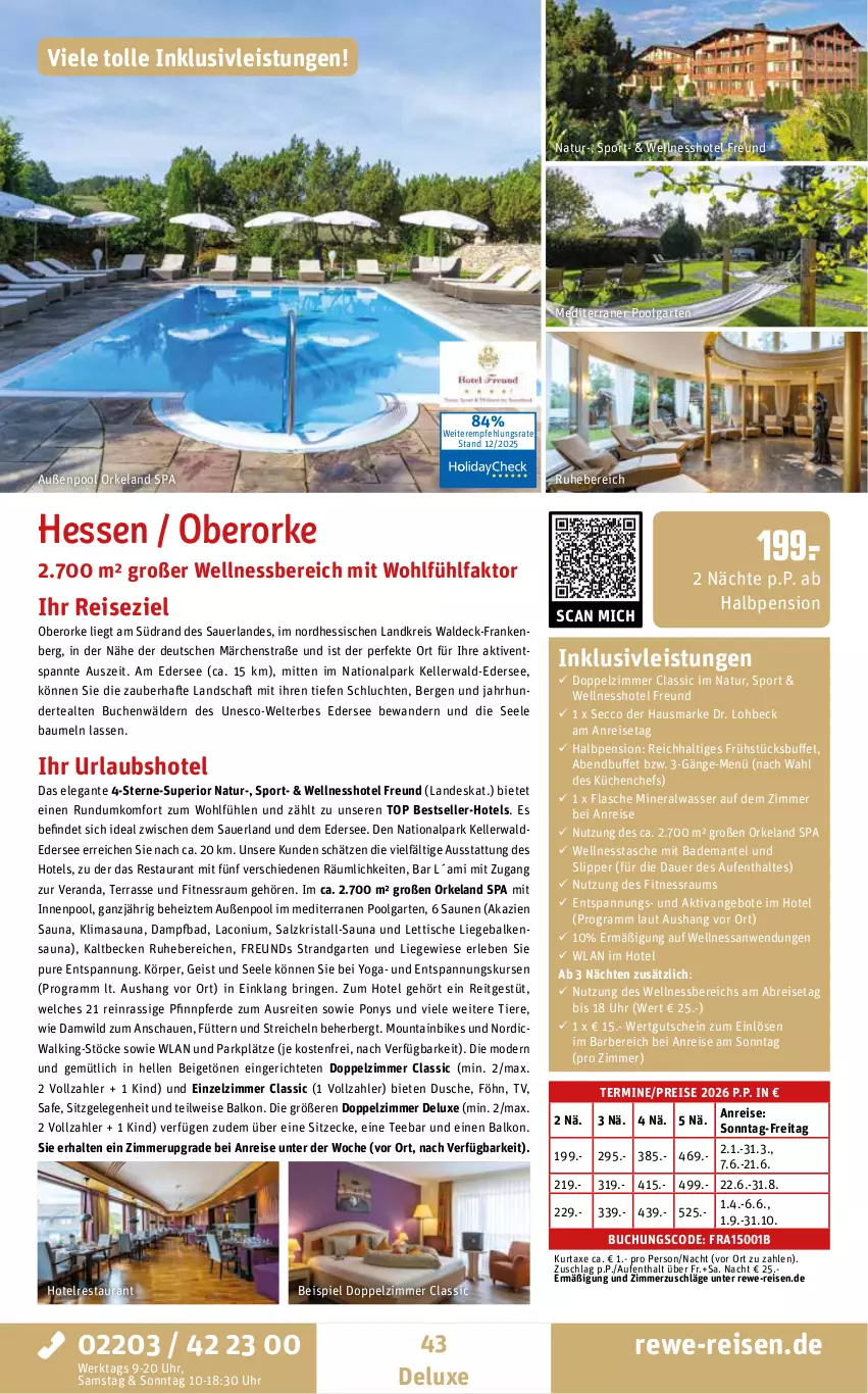 Aktueller Prospekt Rewe Reisen - Reiseprospekt - von 19.12.2025 bis 30.01.2026 - strona 43 - produkty: Alwa, angebot, angebote, auer, axe, Bad, Bademantel, Bau, Brei, buch, dusche, ecco, eis, Elan, elle, erde, flasche, Garten, gutschein, hausmarke, inklusivleistungen, innenpool, küche, Küchen, kurtaxe, LG, Liege, Mantel, mineralwasser, Mode, Mountainbike, natur, ndk, pool, reis, ring, salz, slip, Slipper, Sport, Tasche, tee, Ti, Tiere, tisch, uhr, wasser, wellnessbereich, Wild, Yo, ZTE