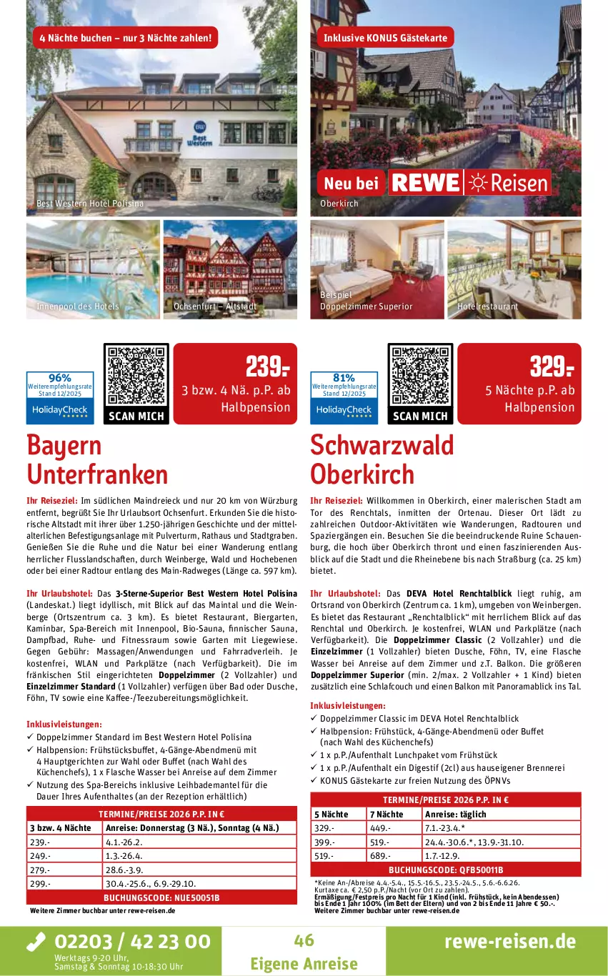 Aktueller Prospekt Rewe Reisen - Reiseprospekt - von 19.12.2025 bis 30.01.2026 - strona 46 - produkty: auer, axe, Bad, Bademantel, bett, bier, bio, Brei, buch, Couch, dusche, eis, Fahrrad, flasche, Garten, HP, inklusivleistungen, innenpool, kaffee, Kamin, küche, Küchen, kurtaxe, Liege, mab, Mantel, natur, pool, rama, reis, rezept, rum, senf, tee, Ti, uhr, usb, wasser, wein, Weste