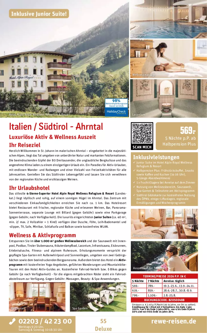 Aktueller Prospekt Rewe Reisen - Reiseprospekt - von 19.12.2025 bis 30.01.2026 - strona 55 - produkty: angebot, angebote, axe, Bad, Bademantel, bett, brunnen, buch, dusche, E-Bike, E-Bikes, eier, eis, ente, erde, Etagere, Fahrrad, frucht, Garten, inklusivleistungen, innenpool, kaffee, kräuter, küche, kuchen, Liege, Mantel, Mountainbike, natur, pool, rama, reis, rum, schlafsofa, slip, Slipper, snack, snacks, Sofa, sonnenliege, stube, südtiroler, Ti, tisch, uhr, wein, weine, wellnessbereich, Whirlpool, Yo