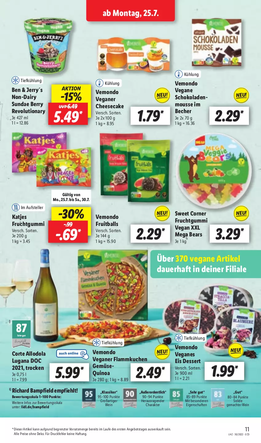 Aktueller Prospekt Lidl - Aktionsprospekt - von 25.07 bis 30.07.2022 - strona 11 - produkty: angebot, auer, ball, Becher, cheesecake, dessert, eis, Eis Dessert, elle, flammkuchen, frucht, fruchtgummi, katjes, kuchen, lamm, mac, mousse, Odol, quinoa, reis, schoko, schokolade, schokoladen, teller, Ti, Veganes Eis, wein, ZTE