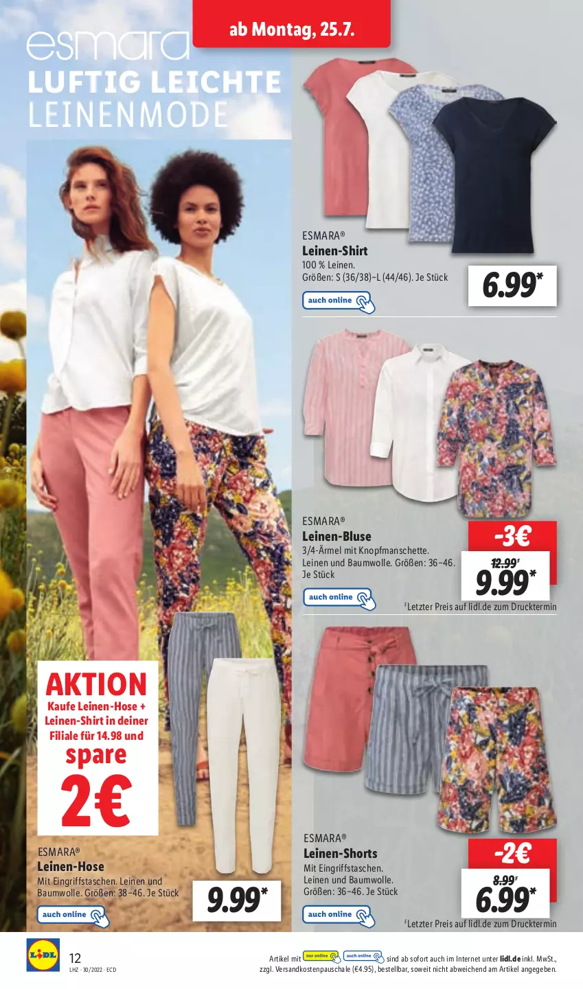 Aktueller Prospekt Lidl - Aktionsprospekt - von 25.07 bis 30.07.2022 - strona 12 - produkty: Bau, baumwolle, bluse, eis, esmara, hose, leine, Mode, ndk, reis, Schal, Schale, shirt, shorts, Tasche, taschen, Ti, wolle, ZTE