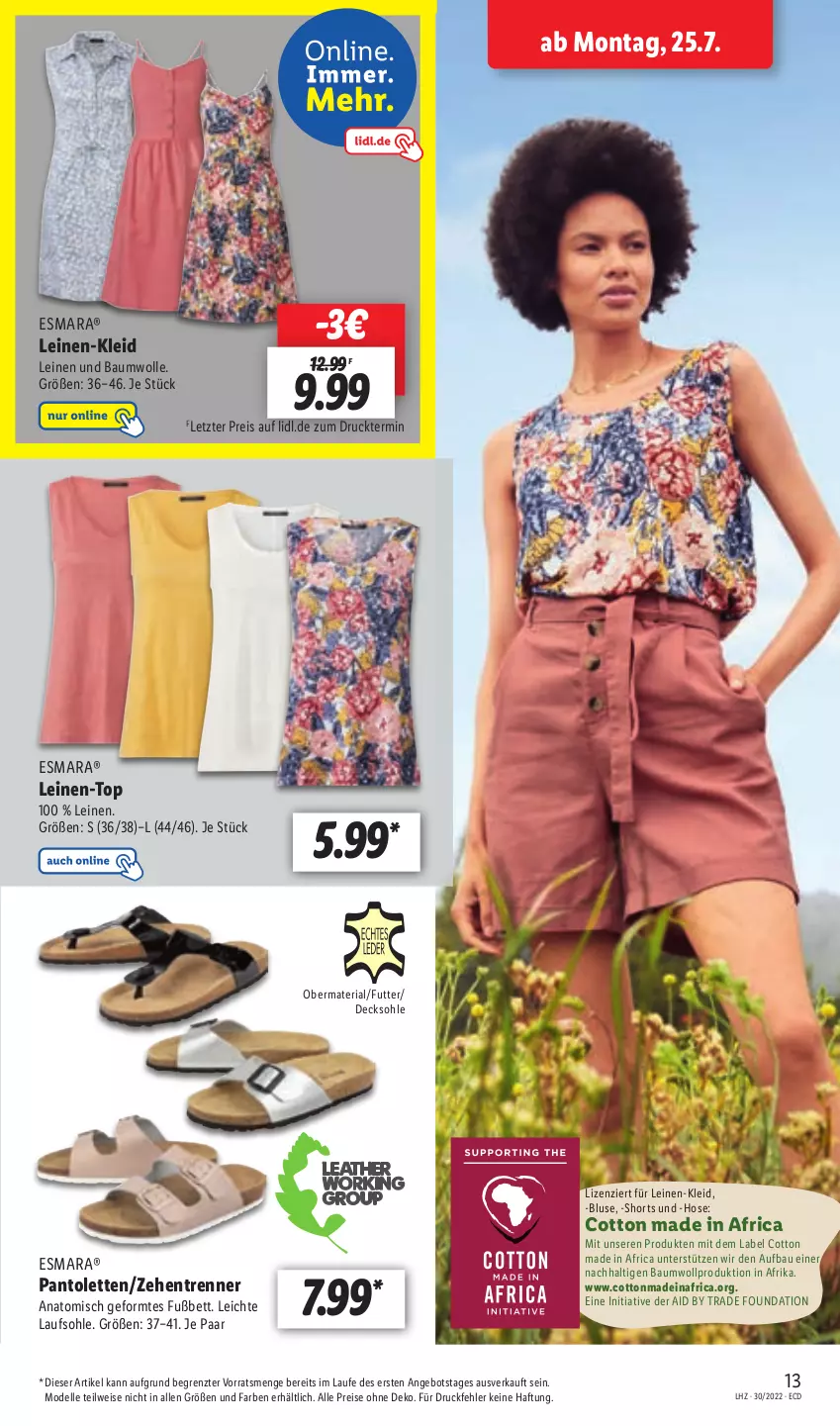 Aktueller Prospekt Lidl - Aktionsprospekt - von 25.07 bis 30.07.2022 - strona 13 - produkty: angebot, Bau, baumwolle, bett, bluse, decksohle, dell, eis, elle, esmara, hose, kleid, leine, Mode, pantolette, pantoletten, reis, Ria, shorts, Ti, wolle, zehentrenner, ZTE